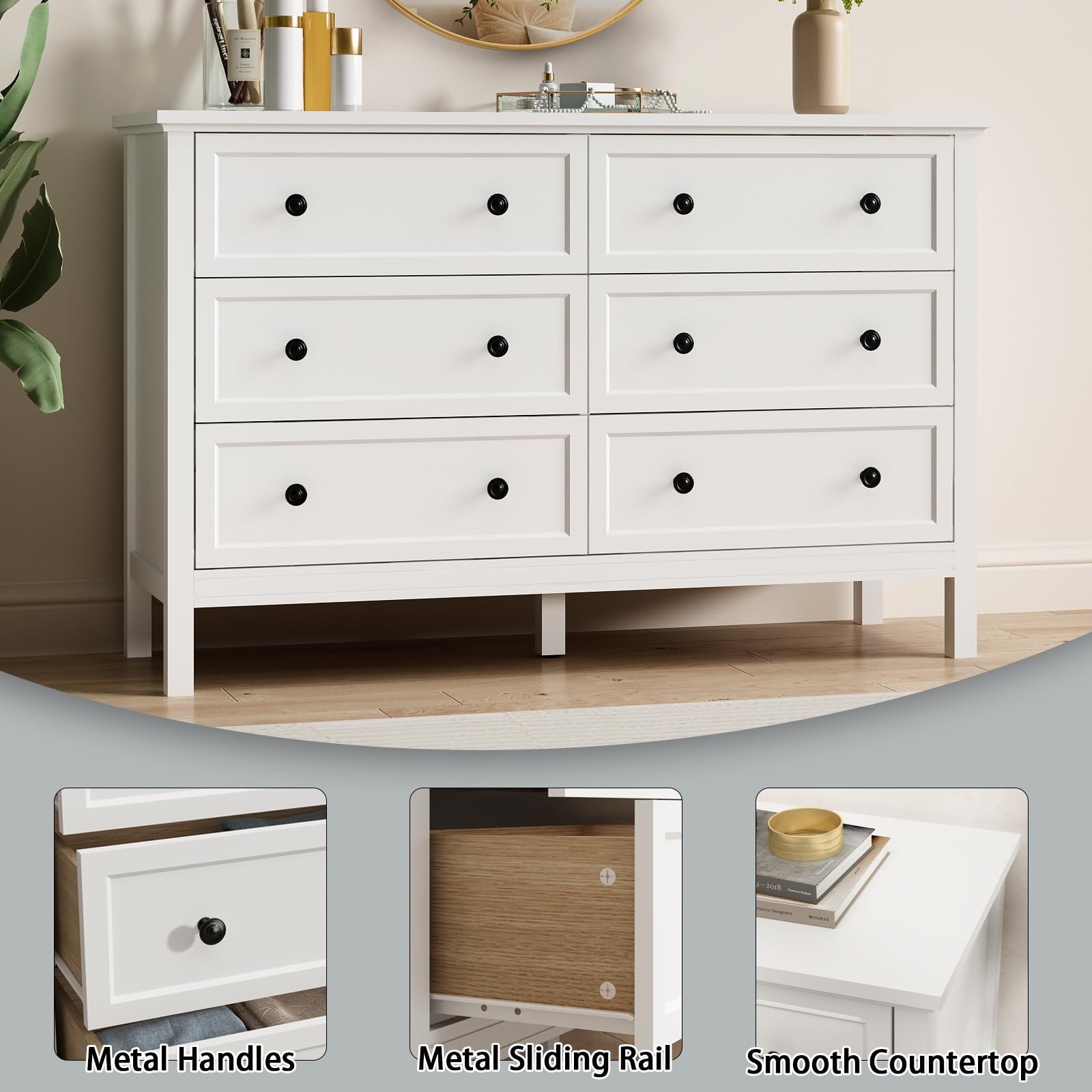 White 6-Drawer Dresser for Bedroom - Solid Wood Chest with Wide Drawers & Metal Handles - Modern Storage Cabinet for Hallway, Entryway, Closet Organization - Perfect for Bedroom Furniture, Home Decor & Small Space Storage Solutions