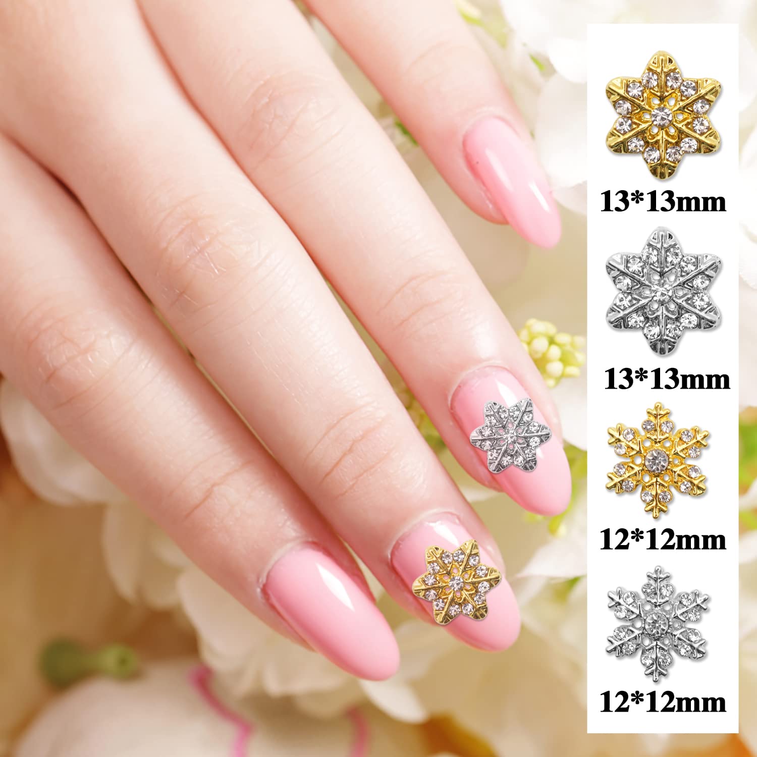 20 Pcs Gold & Silver Snowflake Nail Charms - 3D Winter Nail Art Decorations for Christmas, Luxury Rhinestone Nail Jewelry - Perfect for Holiday Parties & Festive Nail Designs