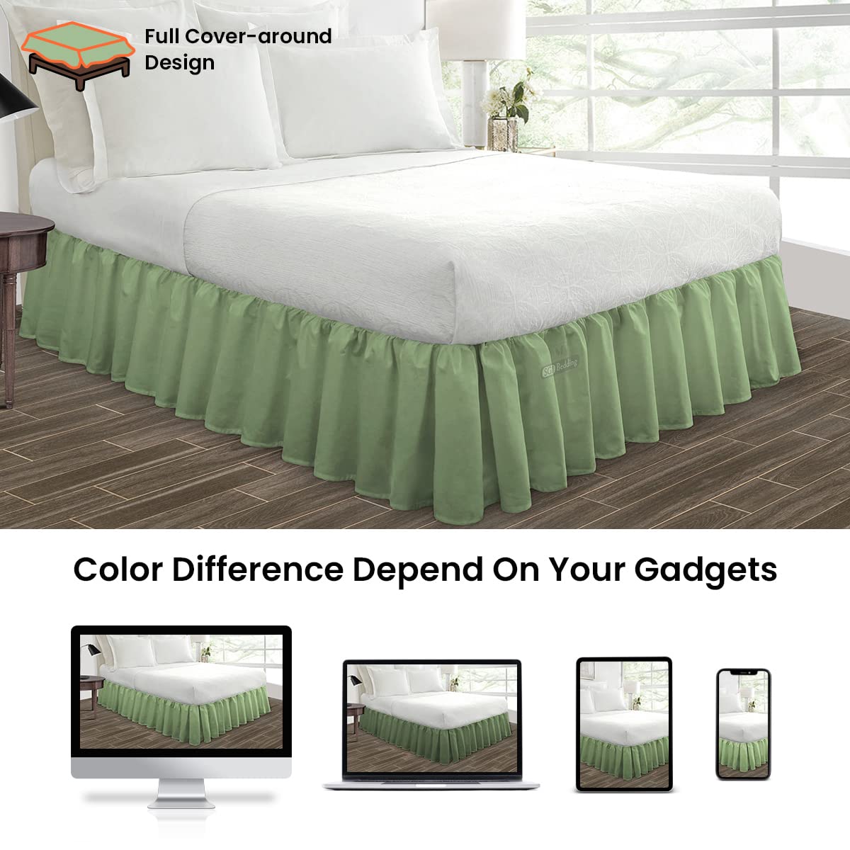 SGI Bedding 18 Inch Ruffled Bed Skirt - Premium Microfiber Dust Ruffle with Fade & Wrinkle Resistance - Anti-Static Decorative Bed Skirt with Hidden Storage Space - Full Size Moss Green - Perfect for Guest Rooms & Master Bedroom Decor