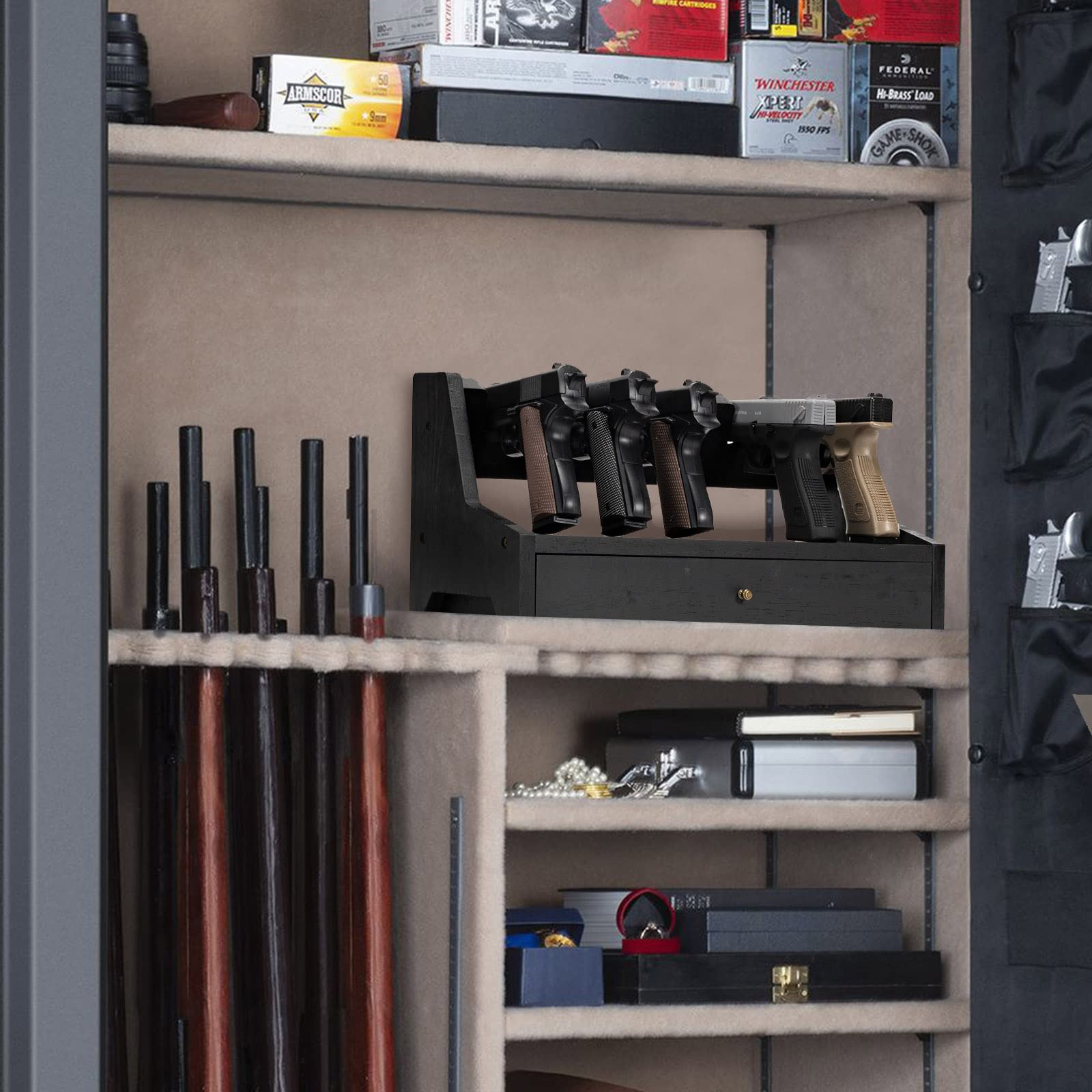 Pistol Rack Gun Safe - Real Wood Handgun Holder for Gun Cabinet Accessories | Rustic Style Nightstand Gun Organizer | Perfect Gift for Men | Ideal for Home Defense & Firearm Storage