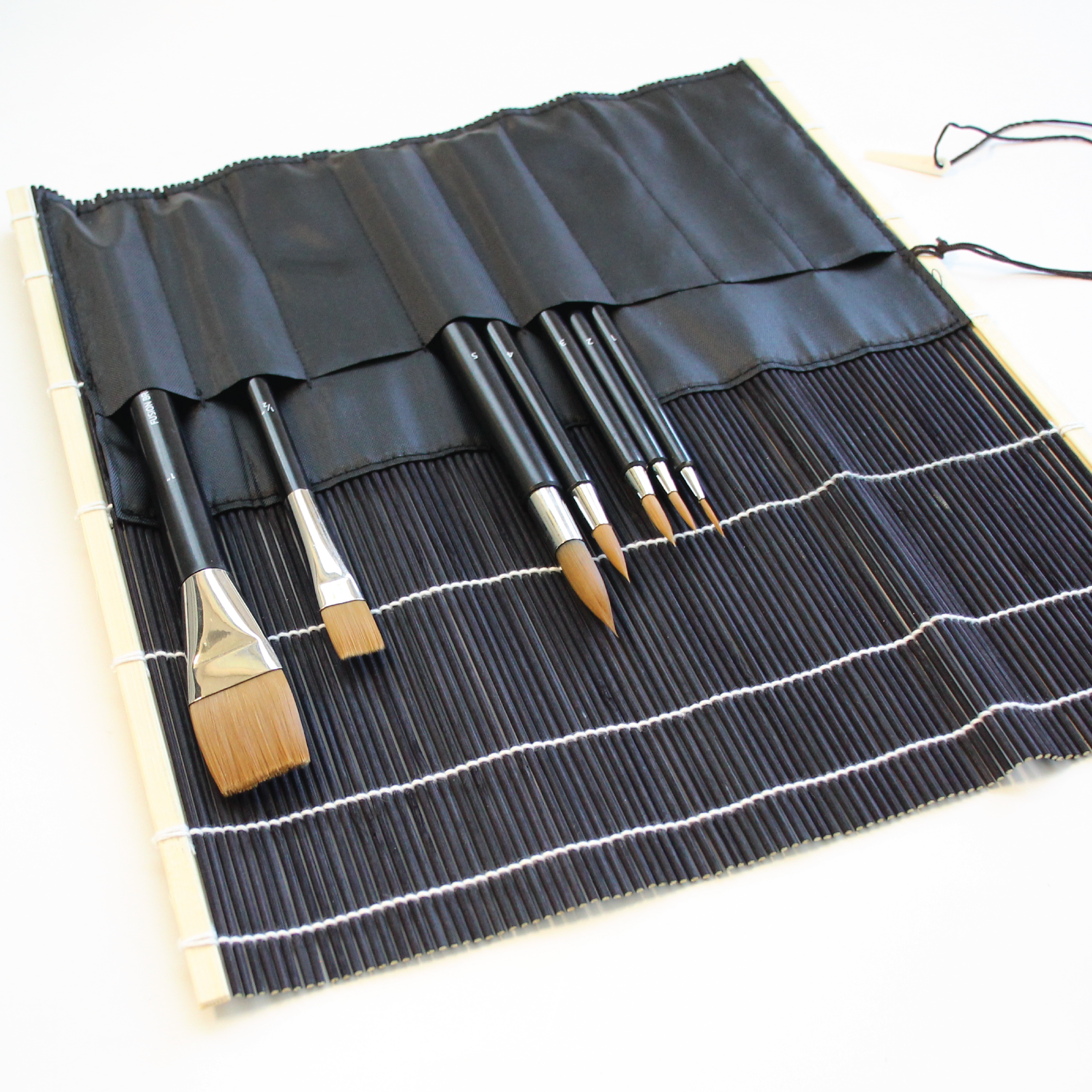 Bamboo Roll Up Brush Holder with Pockets - Portable Makeup Brush Organizer for Travel, Black (FM4B) | Perfect for Artists, Makeup Lovers & On-the-Go Professionals