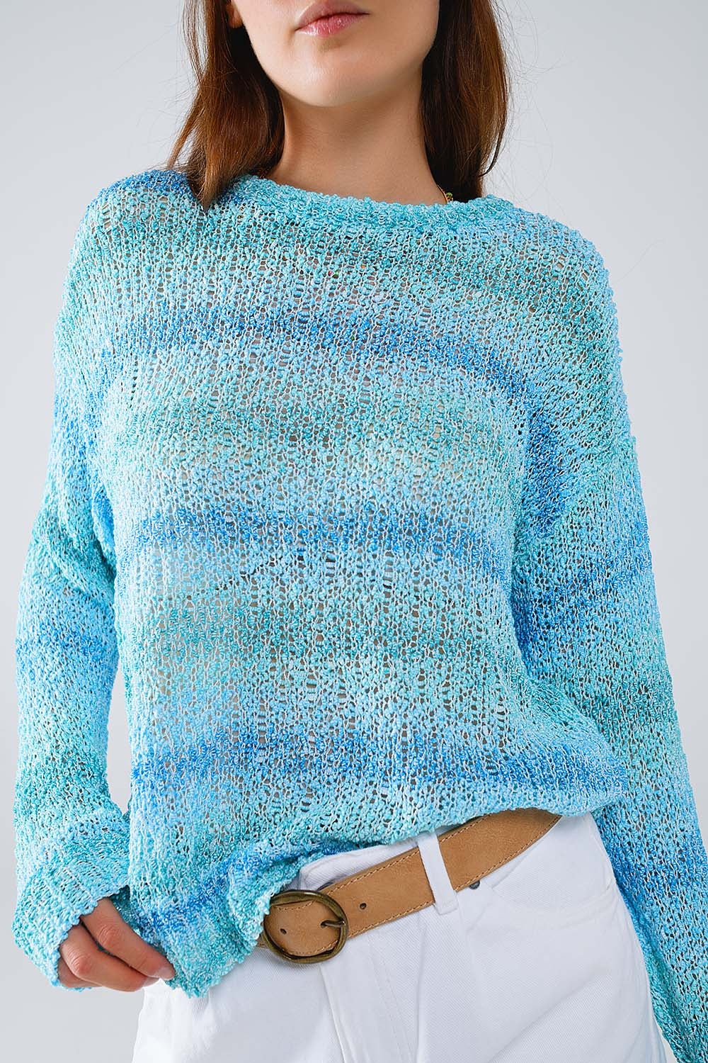 Open Knit Striped Turtleneck Sweater in Shades of Blue - Perfect for Casual Wear, Office Outfits & Fall Fashion
