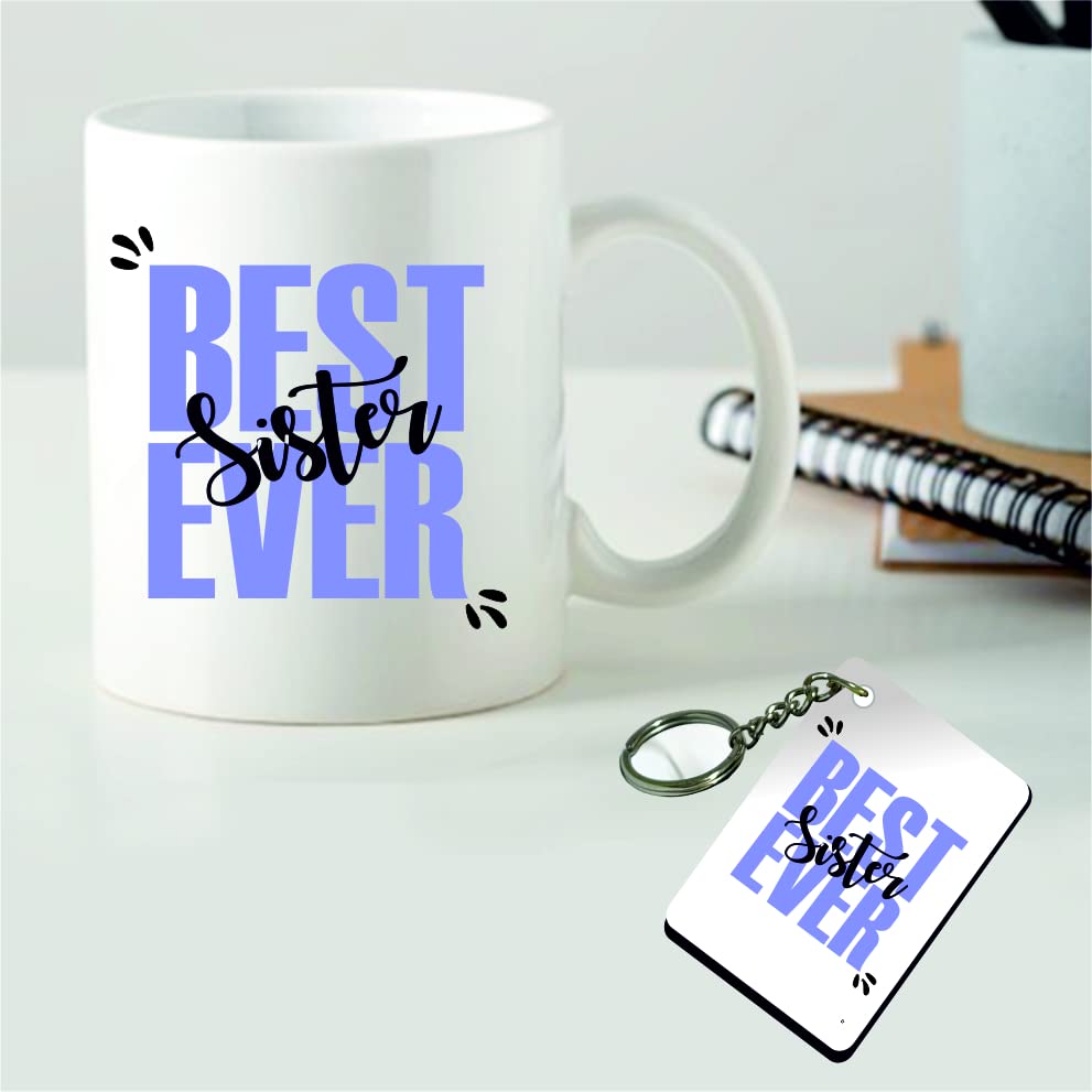 PICRAZEE Best Sister Ever Gift - Ceramic Coffee Mug with Wooden Key Ring - Birthday Present for Sister - Perfect for Coffee Lovers & Heartwarming Surprises