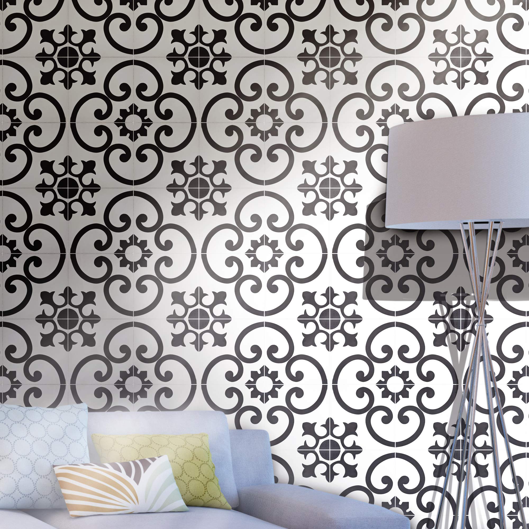 Handmade Moroccan Cement Tiles - Pack of 12 (White & Black) - Authentic Mosaic & Tile House CTP25-01 Orika Design for Kitchen Backsplash, Bathroom Floor, and Outdoor Patio Decor