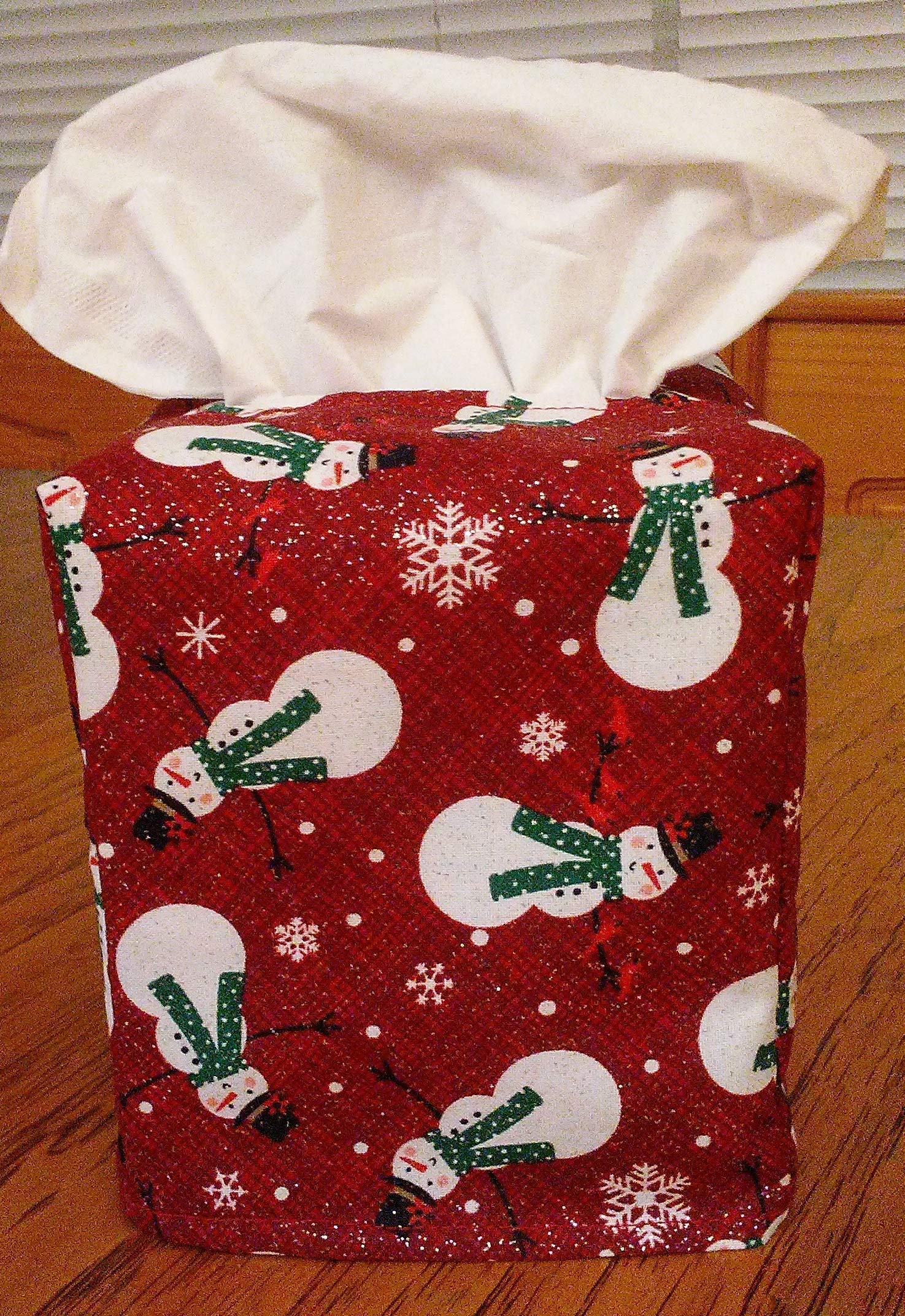 Glittering Snowmen and Snowflakes Fabric Tissue Box Cover - Square Decorative Tissue Box Holder for Home, Office, and Holiday Decor