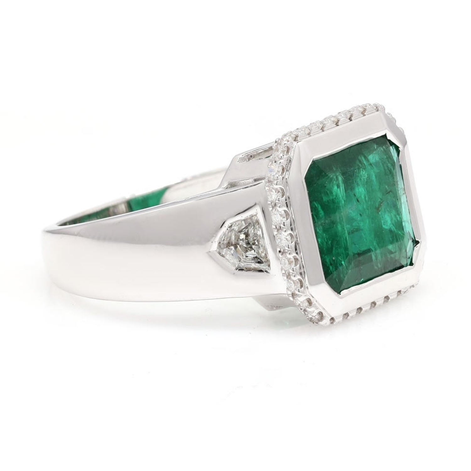 18K White Gold Bezel Set Emerald Rose Cut Diamond Designer Ring for Women - Elegant Wedding, Engagement & Anniversary Jewelry Gift