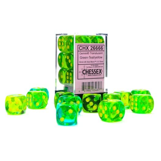 Gemini Dice Block Set - 12 Premium 16mm D6 Dice for Board Games, RPG & Miniature Games | Translucent Green-Teal Yellow | High-Quality Roleplaying Accessories by Chessex | Perfect for D&D, Magic: The Gathering & Tabletop Gaming