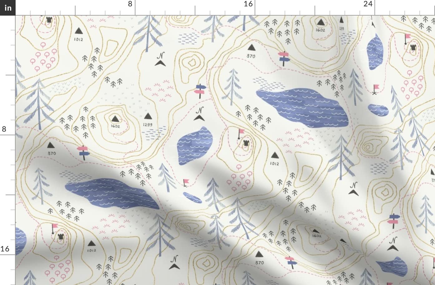 Adventure Hiking Map Forest Printed Denim Fabric - Fat Quarter for Outdoor Camping Trip - Bottomweight Apparel, Home Decor & Upholstery - Perfect for DIY Backpacks, Camping Gear & Cabin Decor