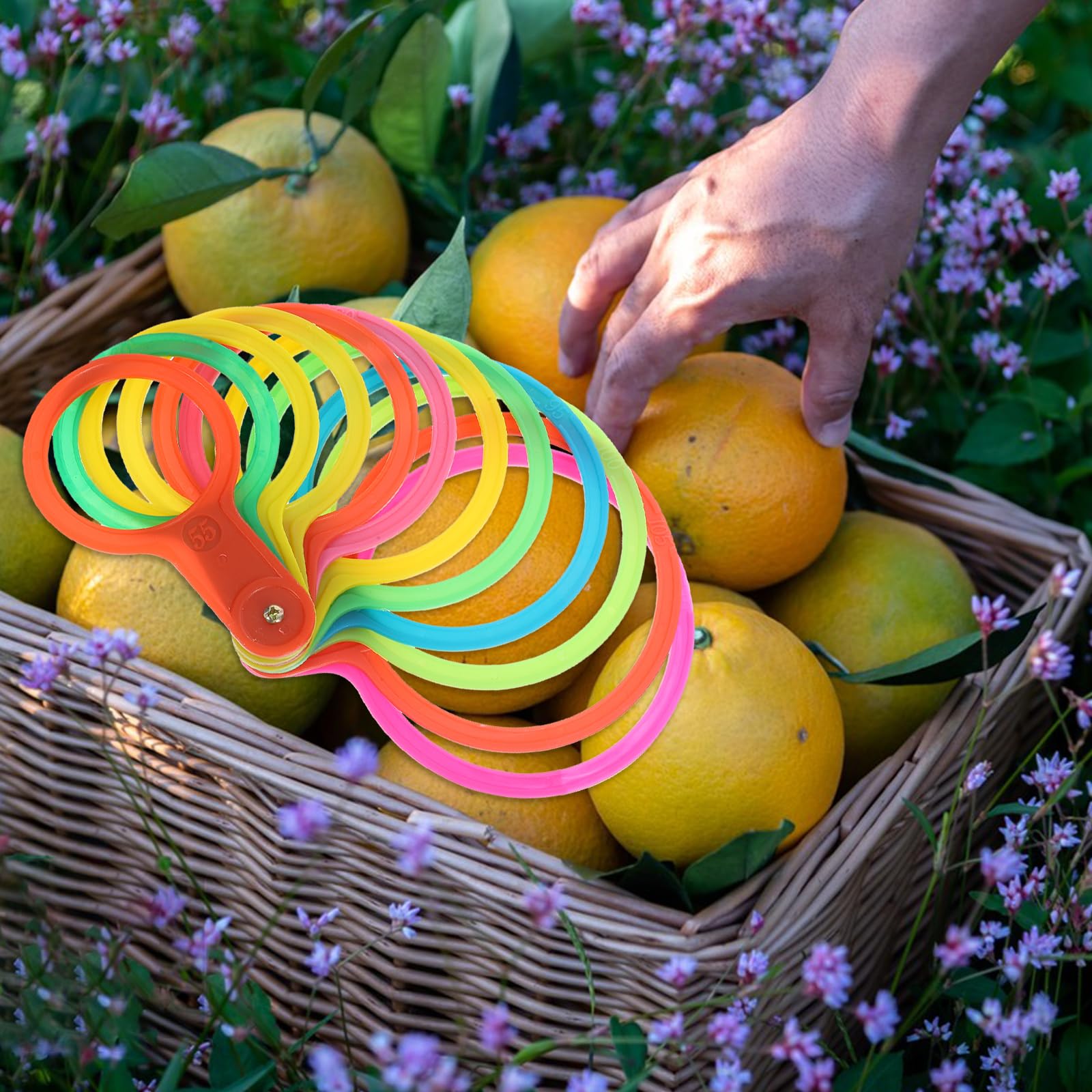 GANAZONO 4-Pack Fruit Grading Rings - Plastic Fruit Diameter Measuring Tool with Size Gauge for Apples, Oranges & Citrus (7-10cm) - Perfect for Farmers Market, Orchards & Home Garden Harvesting