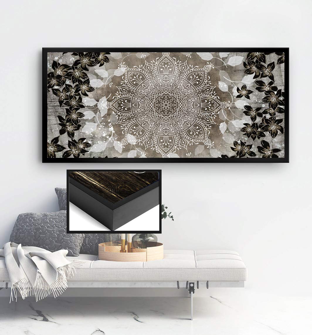 Boho Floral Mandala Wall Art Canvas - Large Framed Bohemian Floral Pattern Poster for Bedroom Decor - Modern Home Decoration with Taupe & Black Floating Frame (42x19 inches) - Perfect for Living Room, Office or Meditation Space