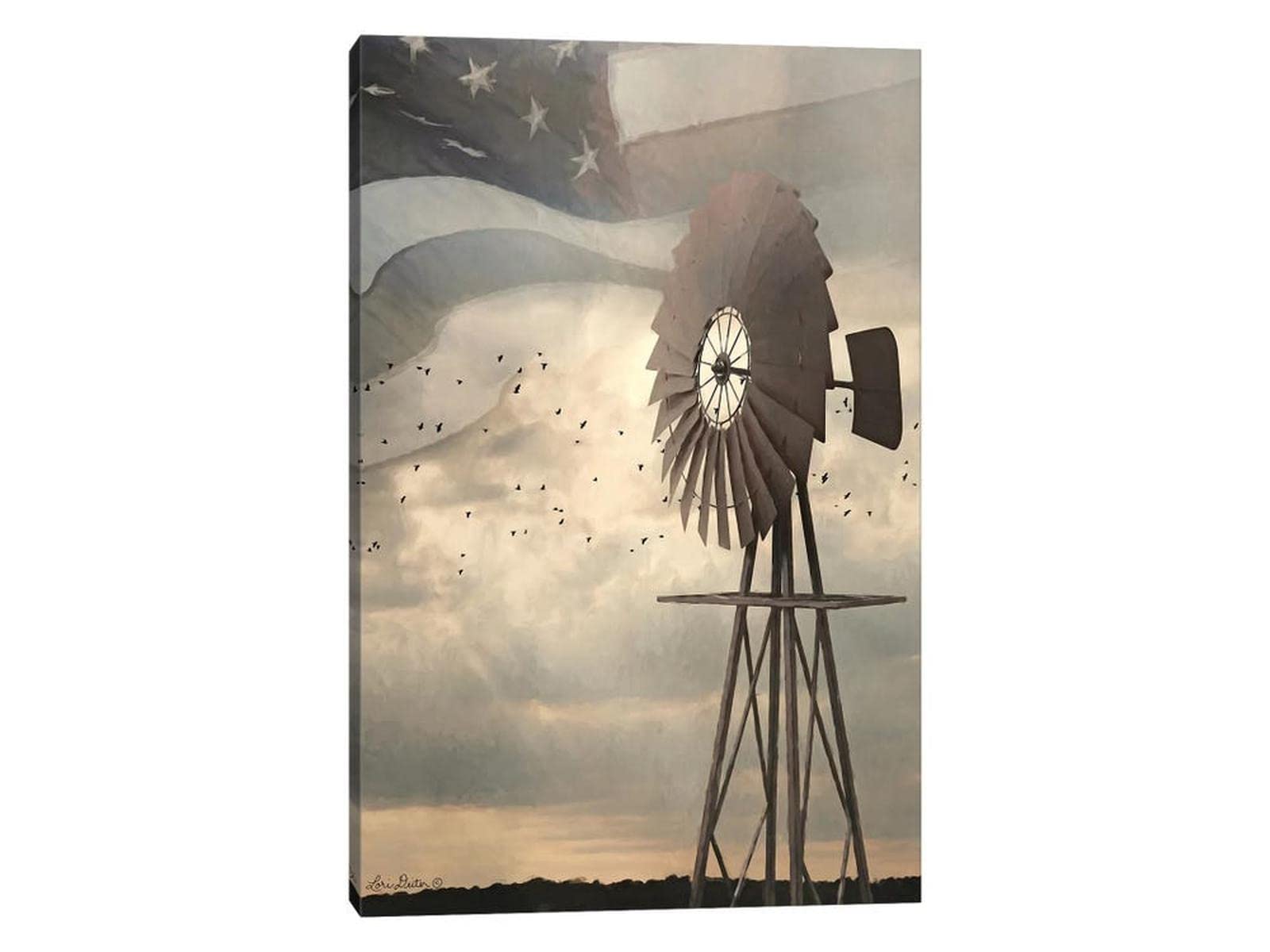 GUTTATY Farmhouse Wall Art - Vintage American Flag Canvas Painting, Large 32x48 Inch Framed Windmill Decor for Country Kitchen, Dining Room & Living Room - Perfect for Rustic Home & Farmhouse Style Decor