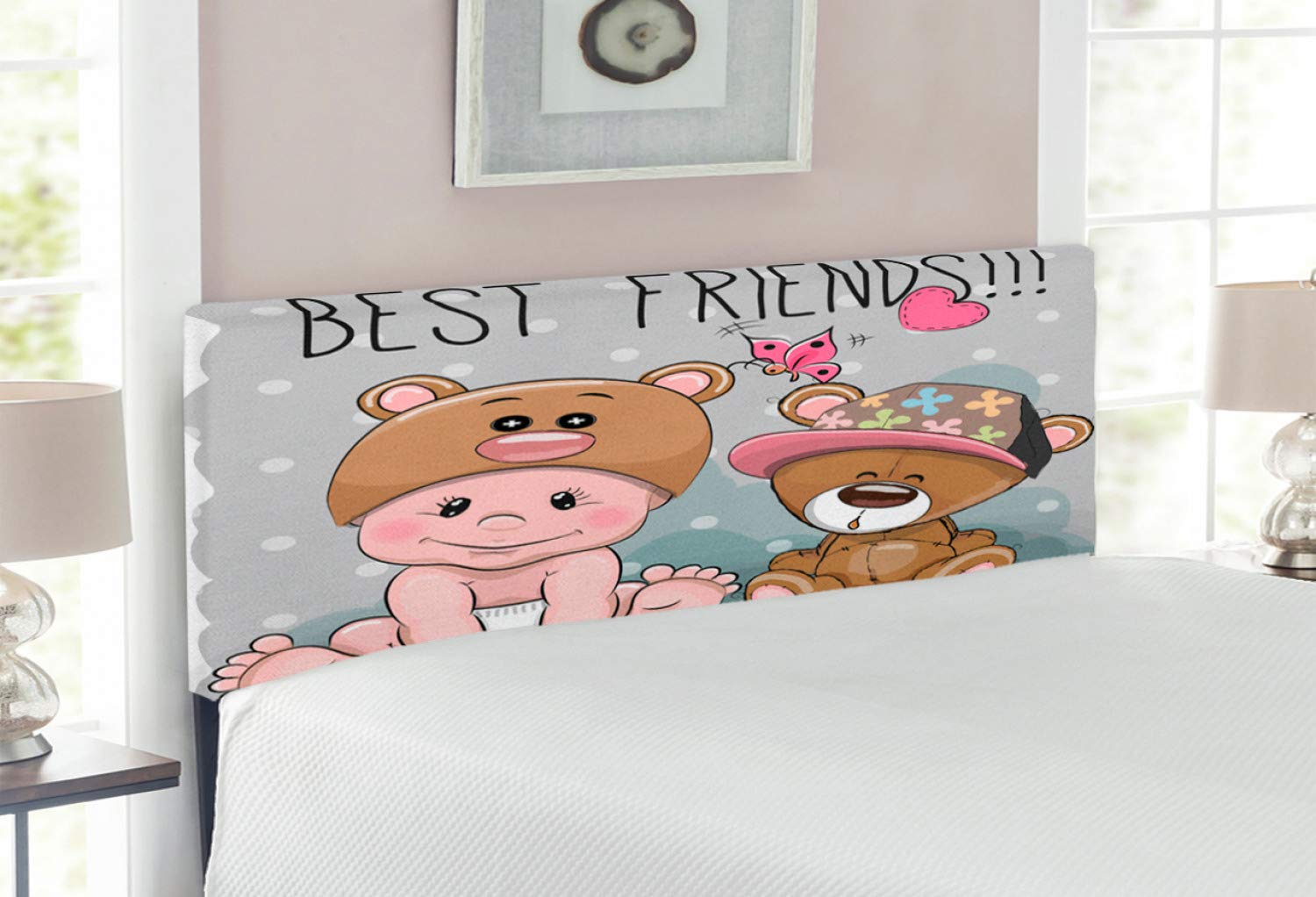 Ambesonne Butterfly Headboard - Full Size Upholstered Metal Bed Frame with Memory Foam, Cute Cartoon Bear Hat & Teddy Bear with Butterfriends Print, Multicolor Decorative Headboard for Kids' Bedroom, Nursery or Guest Room