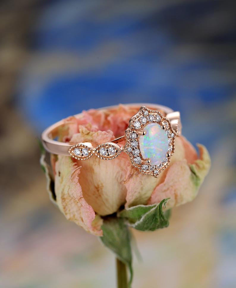 Vintage Floral Oval Cut Opal Engagement Ring with Halo Rose Gold Marquise 1/4 Diamond Band - Perfect for Wedding, Proposal & Anniversary Gifts