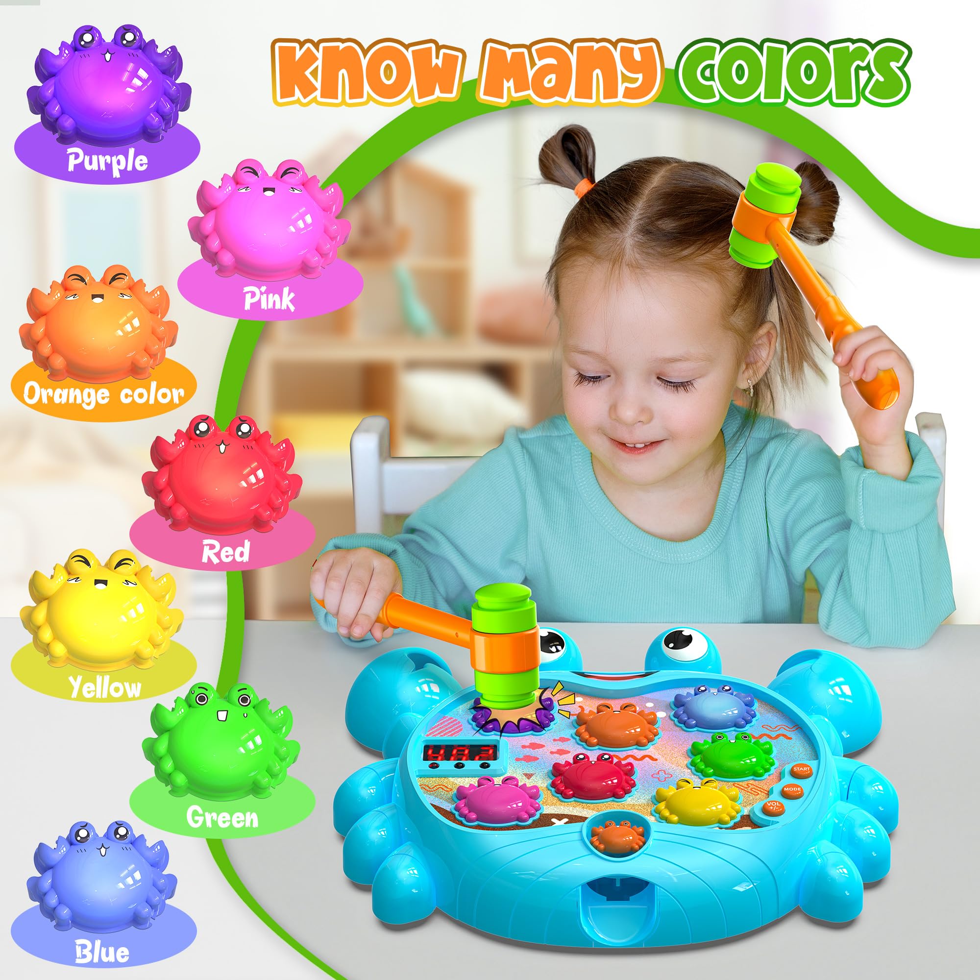 HopeRock Toddler Toys for 2-4 Year Old Boys - Interactive Crab Toy with Music, Lights & Water Spray - Educational Learning Game with 2 Hammers - Perfect Birthday Gift for 2 Year Old Boys - Fun Outdoor & Indoor Play for Preschool Kids