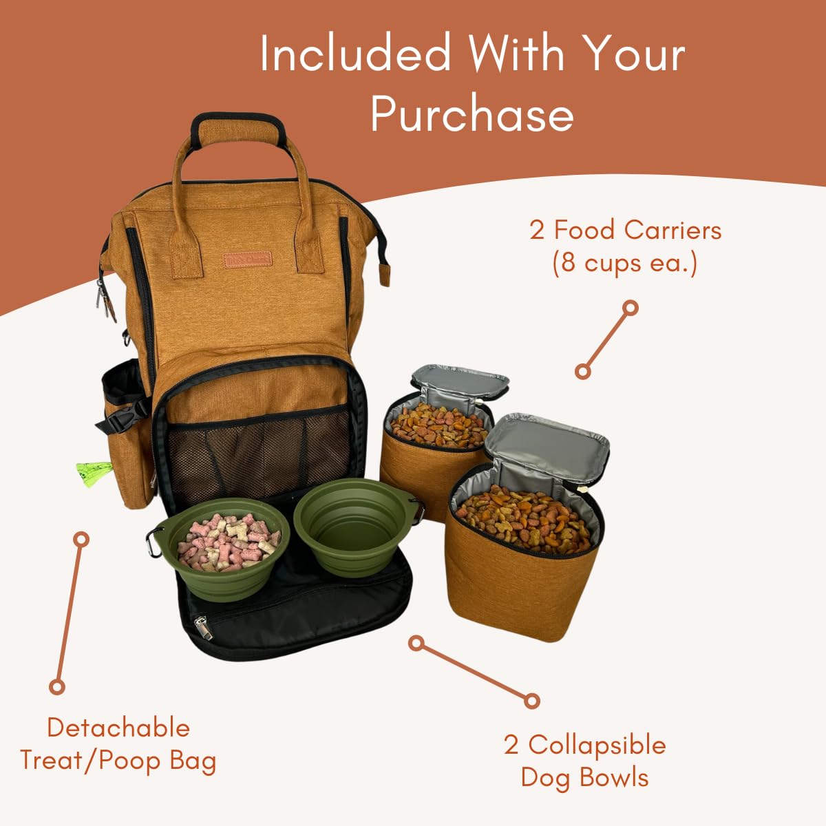 Tito's Closet Premium Pet Travel Bag Set - 2 Pack Collapsible Dog Bowls, 2 Food Storage Containers & Treat Pouch for Dogs (Brown) | Perfect for Road Trips, Hiking & Air Travel | Model DB2024