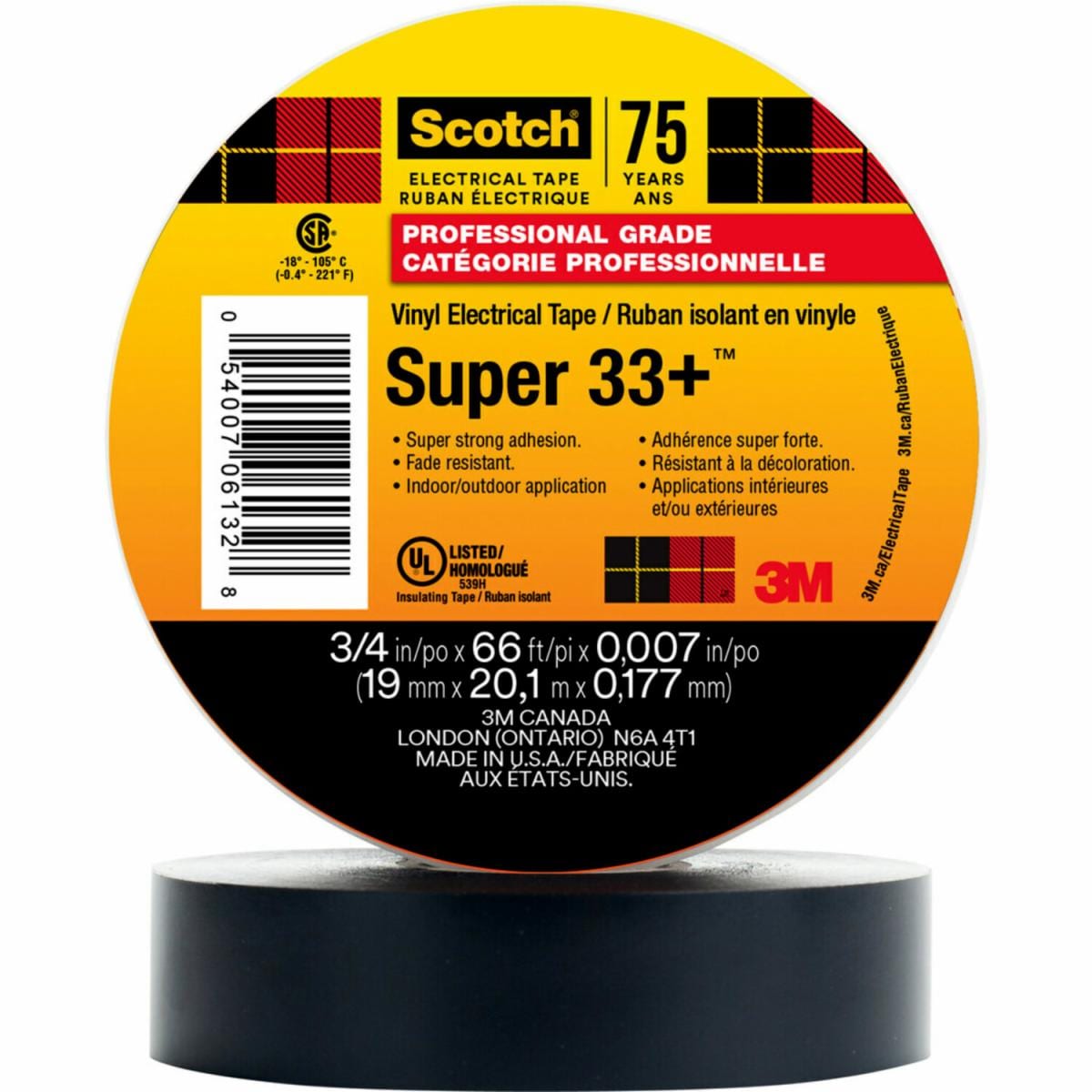 3M Scotch® Super 33+ Vinyl Electrical Tape - 3/4 Inch x 66 Feet, Black, High Temperature Resistant for Automotive, Home & Industrial Wiring Repairs