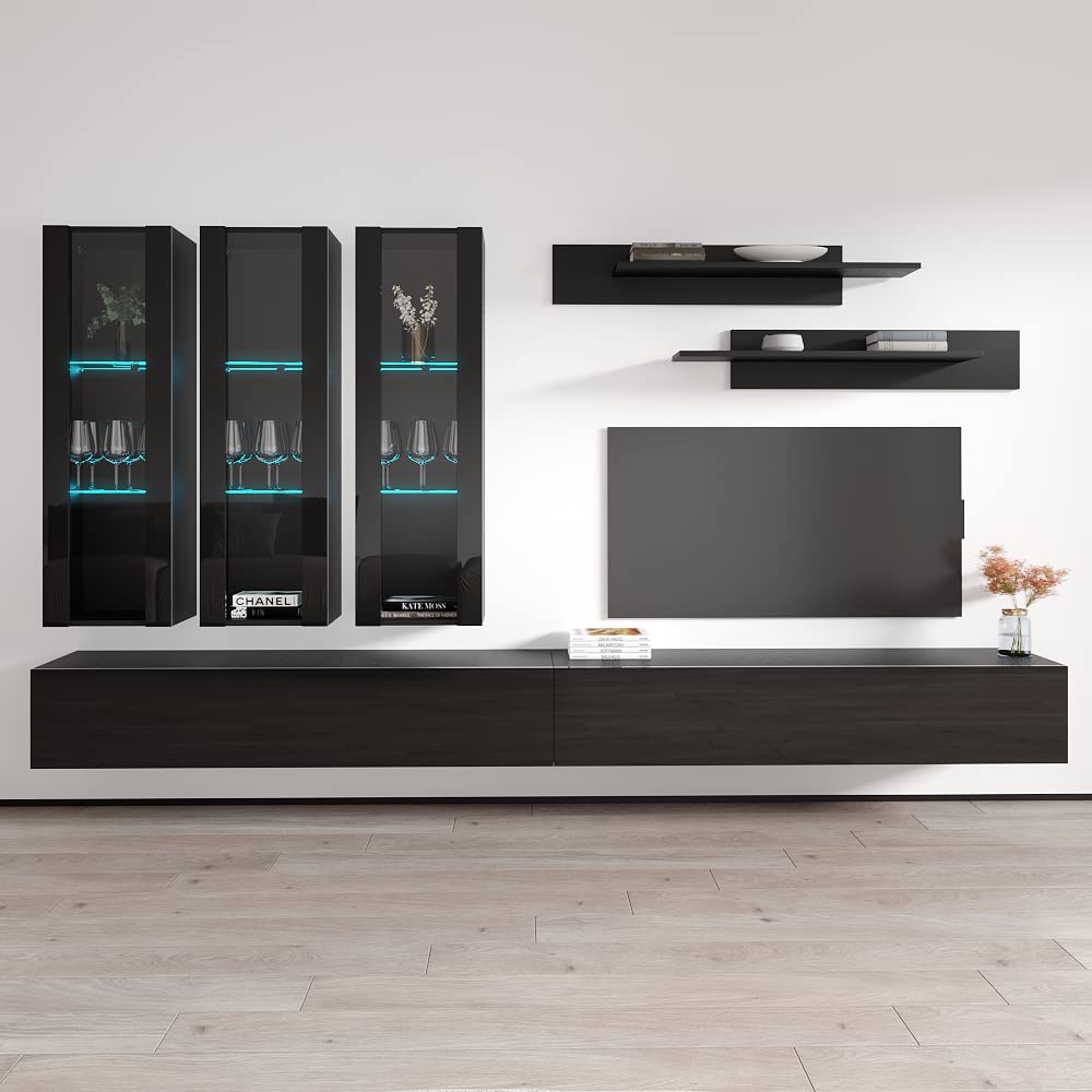 Modern Floating TV Stand with Storage & LED Lights - Wall-Mounted Entertainment Center Console for Bedroom & Living Room - Meble E3 30