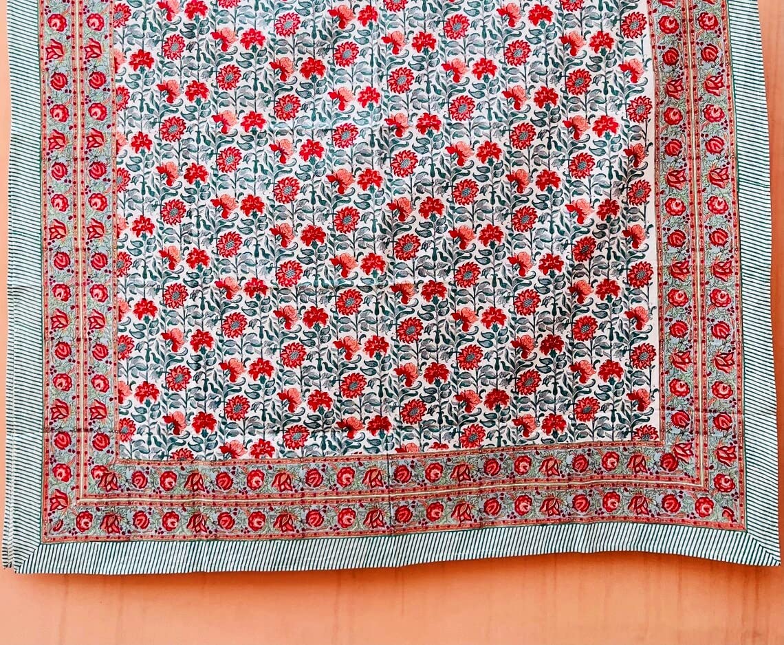 Handmade Indian Floral Block Print Cotton Tablecloth - Rectangle Kitchen Table Cover, Jaipur Style Table Linen for Dining, Parties & Home Decor