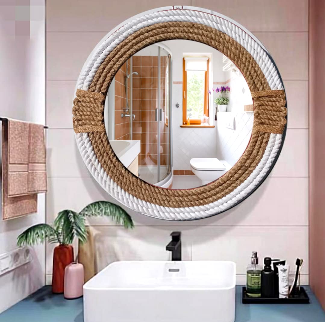 18 Inch Nautical Rope Wall Mirror - Brown & White Decorative Bathroom Mirror with Maritime Sailor Design, Perfect for Coastal Home Decor, Living Room, Bedroom or Bathroom (46 cm, PCT-A-023)