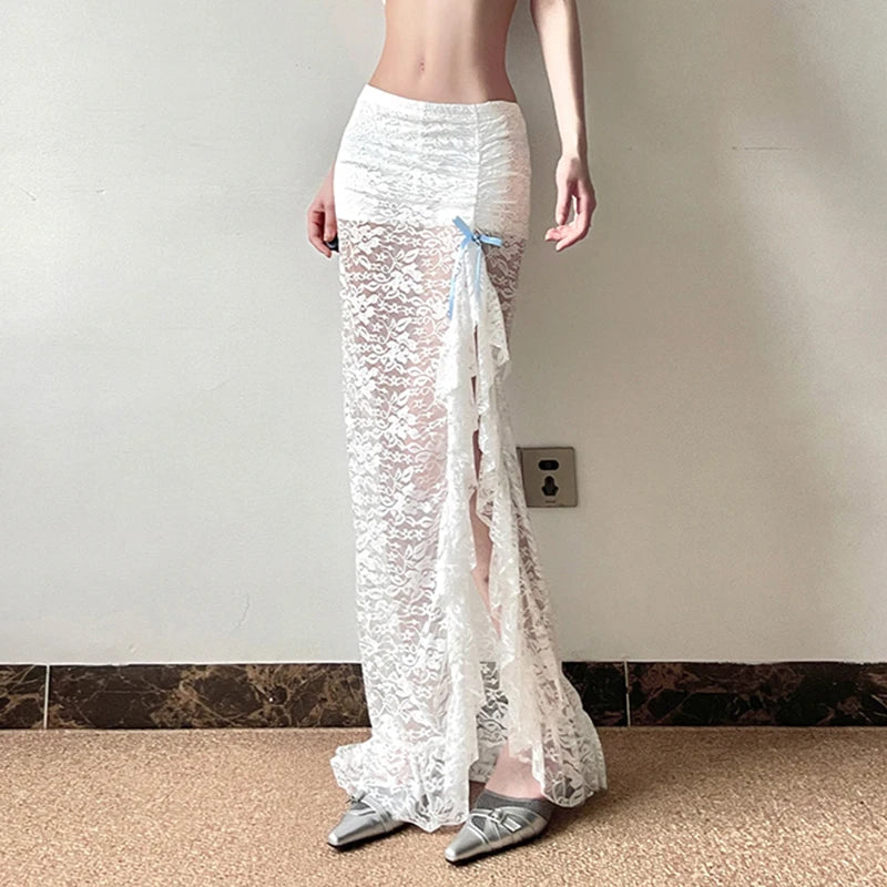 Elegant Asymmetrical White Lace Skirt for Women - Bow Ruffles, See-Through Split Design, Korean Style Party Long Skirt | Perfect for Evening Events, Date Nights, and Special Occasions