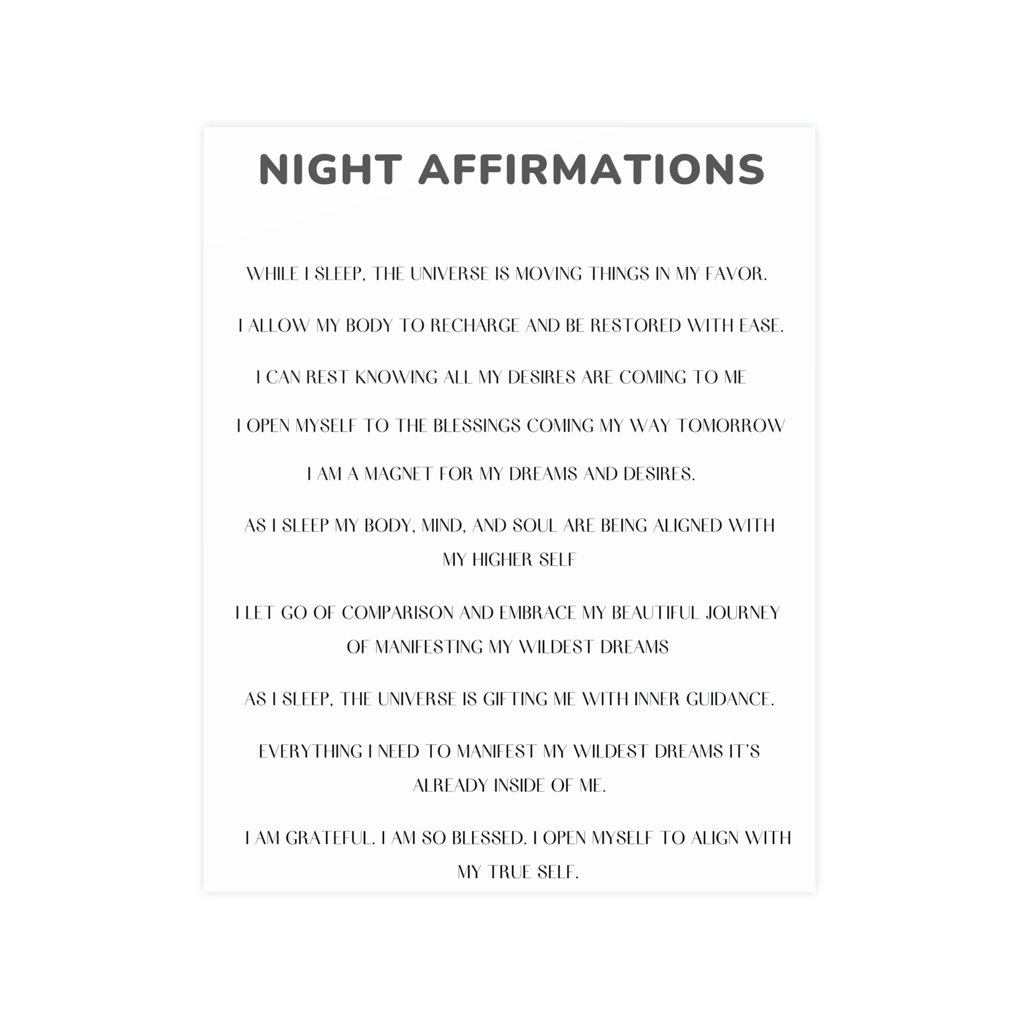 Night Time Affirmations and Manifestation Sayings Vertical Matte Poster - Positive Bedroom Wall Art for Meditation & Self-Care