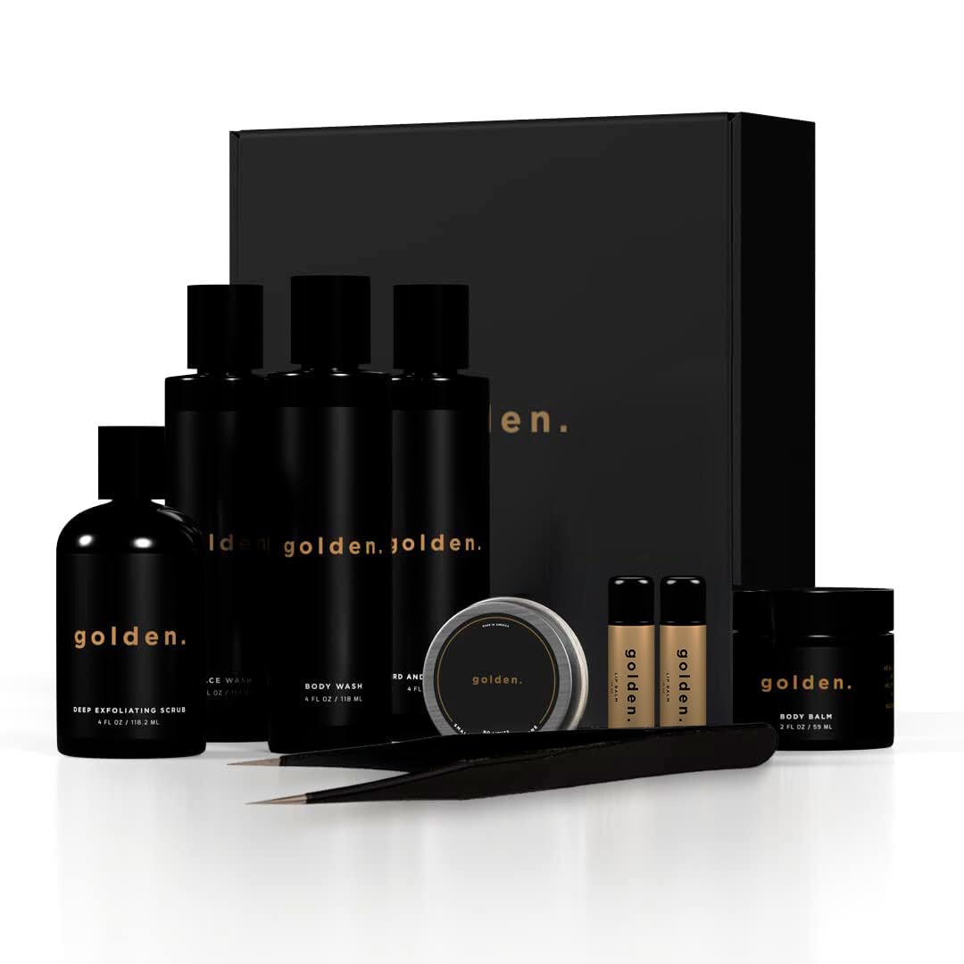 Golden Grooming Co. Men's Skincare & Beard Care Kit - Exfoliating Scrub, Face Wash, Lip Balm, Body Wash, 2-in-1 Beard Shampoo | Perfect Gift Set for Men's Daily Grooming & Self-Care Routine