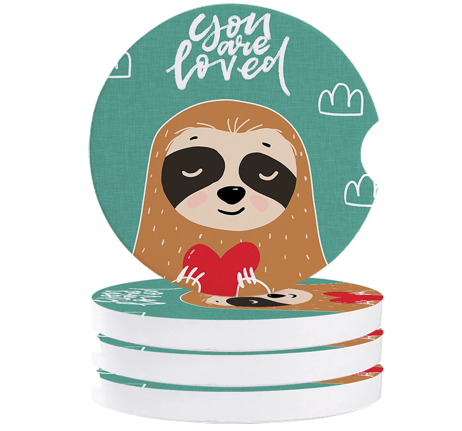 Sloth-Themed Absorbent Ceramic Car Coasters (4-Pack) - 2.56 Inch Non-Slip Cup Holder Accessories for Auto, Perfect for Keeping Vehicles Clean - Ideal for Road Trips, Commuting & Coffee Lovers