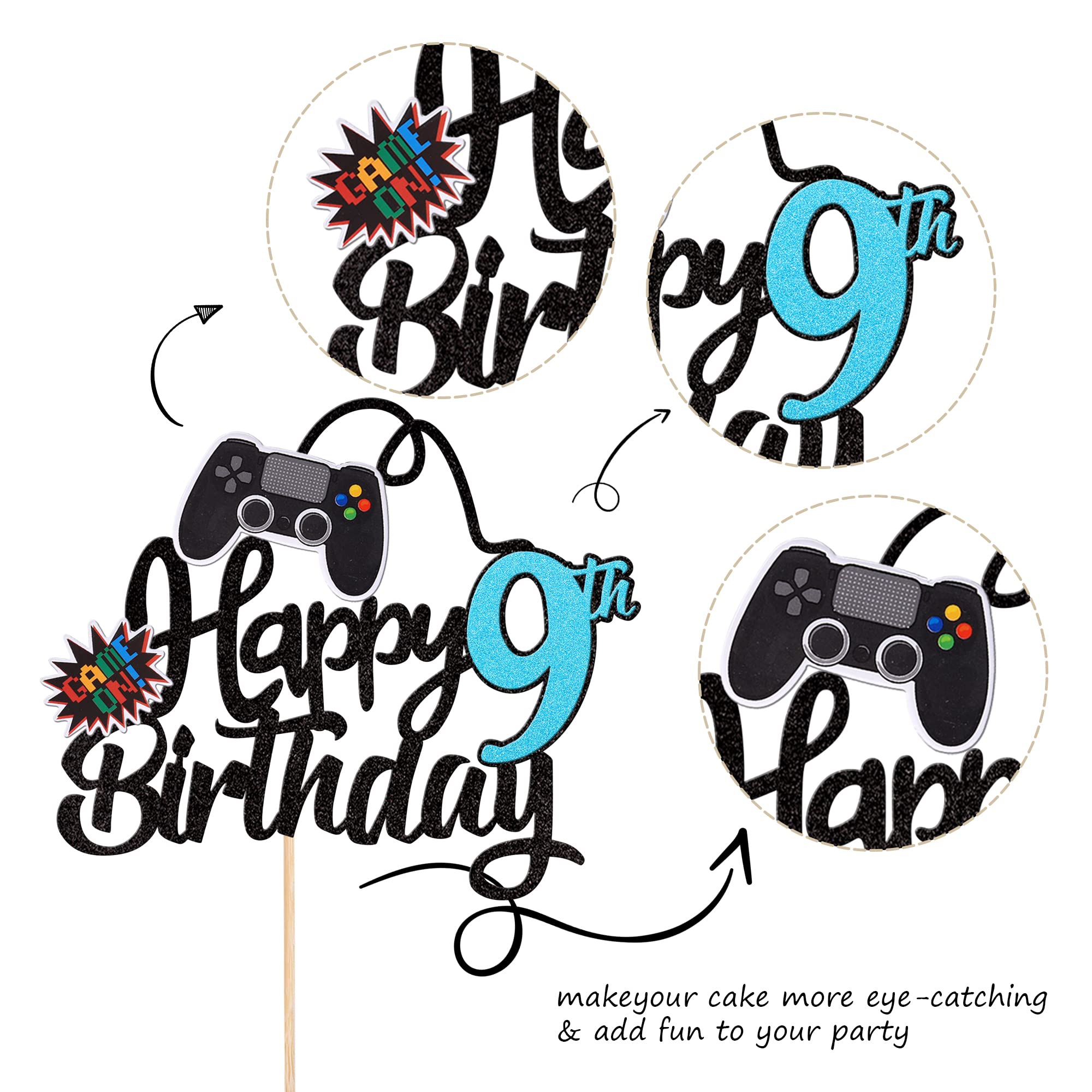1 PCS Video Game Happy 9th Birthday Cake Topper - Glitter Game Controller Cake Pick - Nine Cheers to 9 Years Cake Decoration - Blue Birthday Party Supplies for Kids Gaming Theme Celebration | Perfect for Birthday Cakes, Cupcakes & Party Decorations