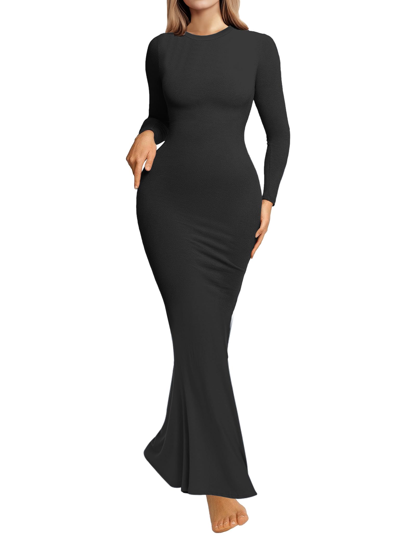 Sexy Black Bodycon Maxi Dress for Women - Long Sleeve Ribbed Crew Neck Elegant Lounge Dress | Perfect for Fall, Parties, Date Night & Casual Wear