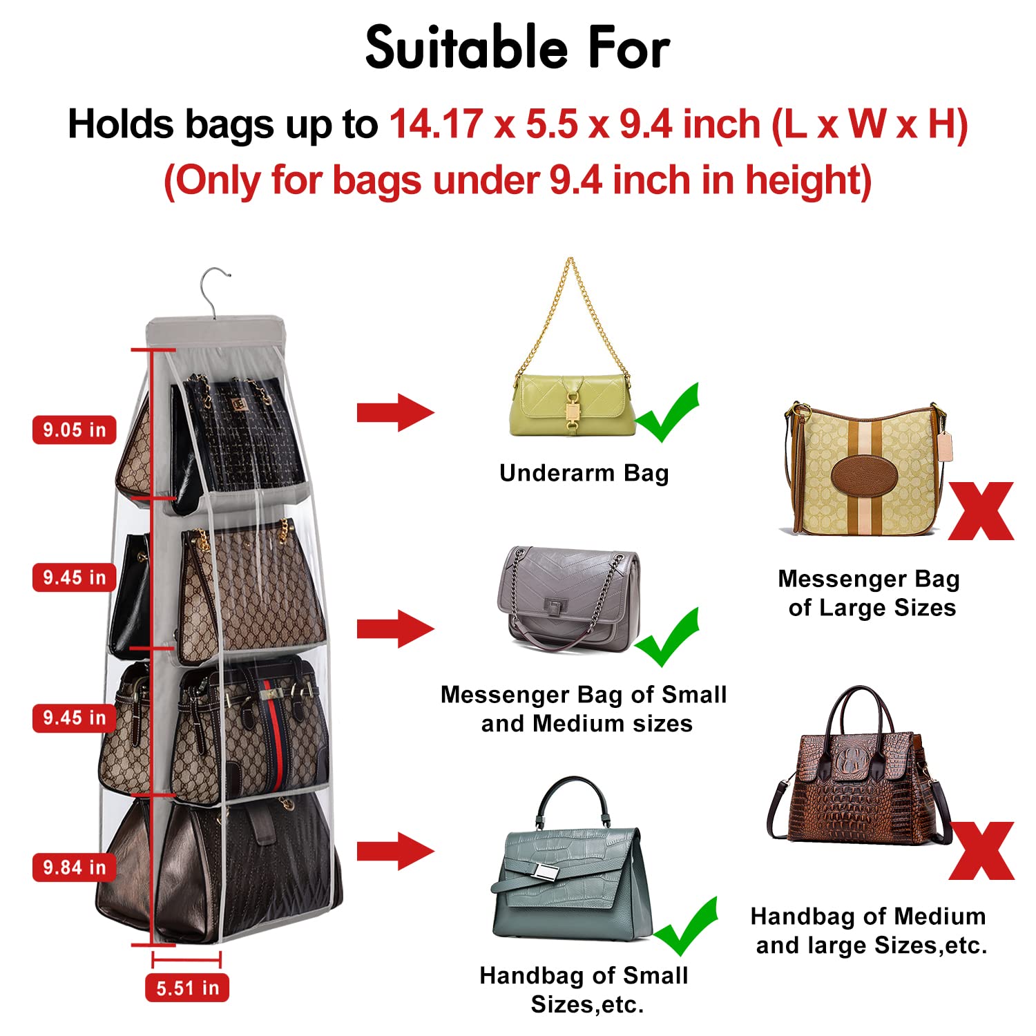 Lirex 8-Pocket Handbag Hanger Organizer - Foldable Purse Storage for Closet | Oxford Cloth Hanging Organizer for Bedroom & Family Closet | Universal Fit | Light Blue | Perfect for Small Space Organization & Travel Storage