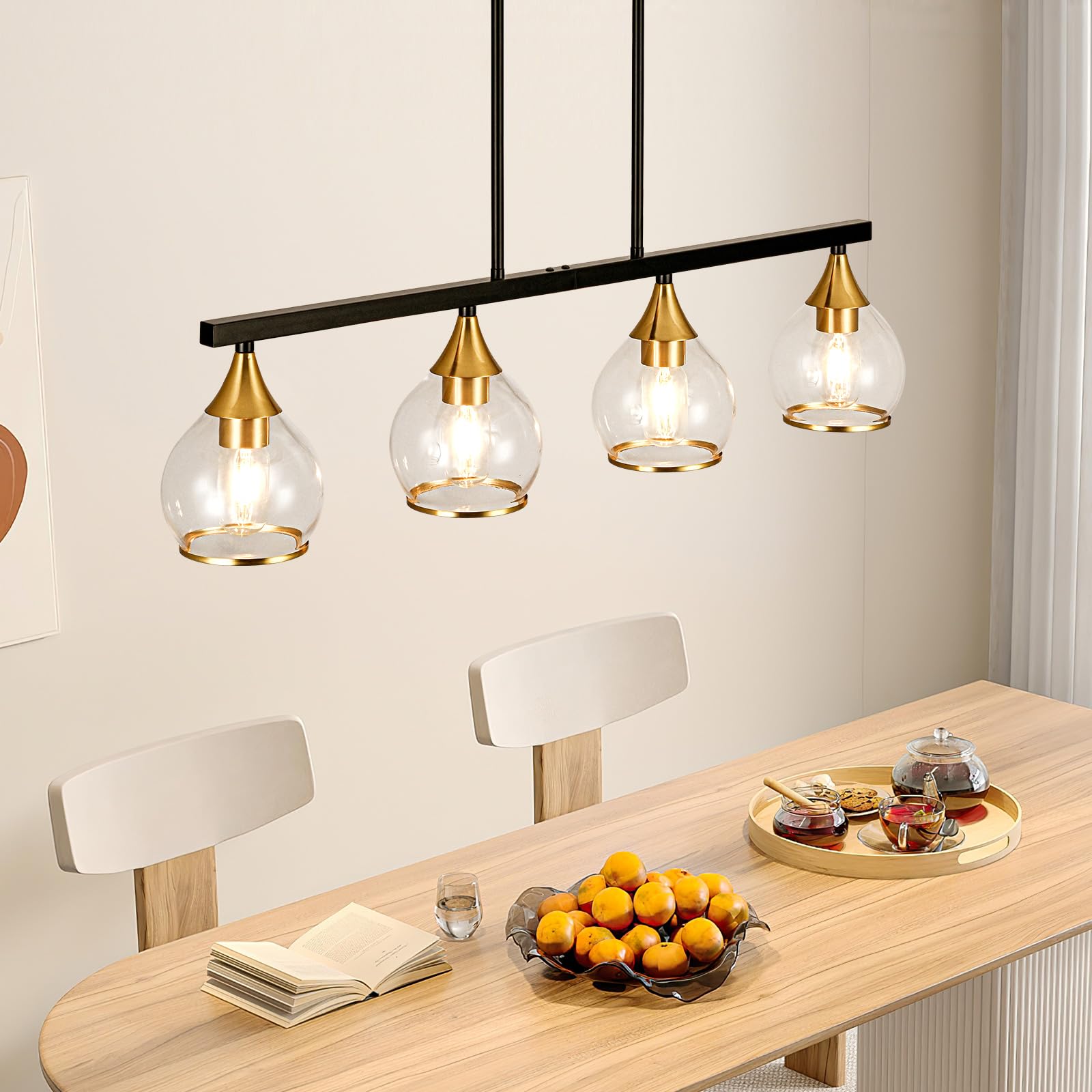 Farmhouse Black and Gold 4-Light Kitchen Island Pendant Chandelier with Clear Glass Shades - Matte Black Linear Hanging Light Fixture for Dining Room & Kitchen Counter | Perfect Over Tables, Breakfast Bars, and Kitchen Islands