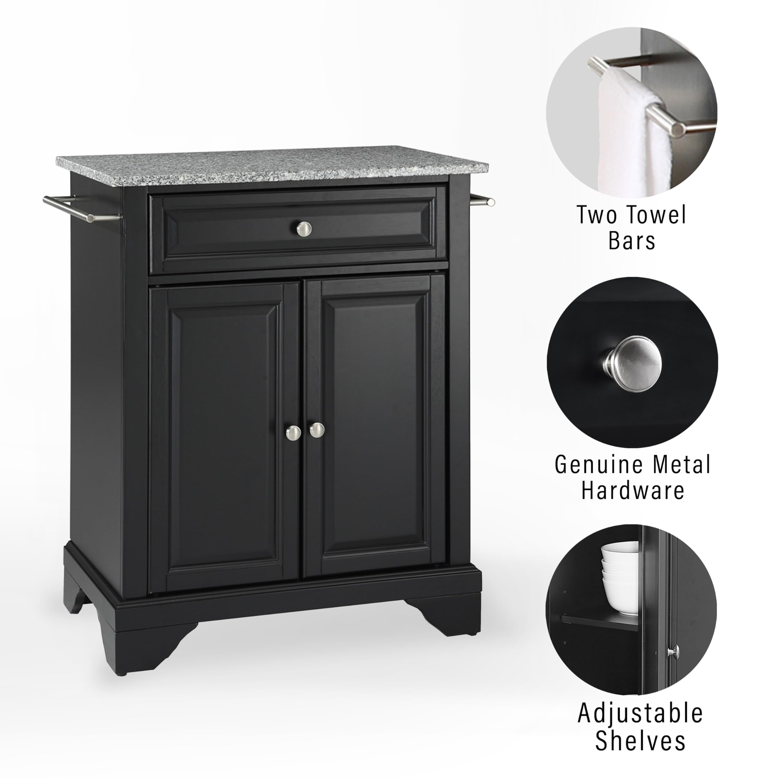 Crosley Lafayette Granite Top Portable Kitchen Island Cart with Wheels - Microwave Stand, Storage Cabinet for Small Spaces, Black - Perfect for Apartments, Dorms & Compact Kitchens