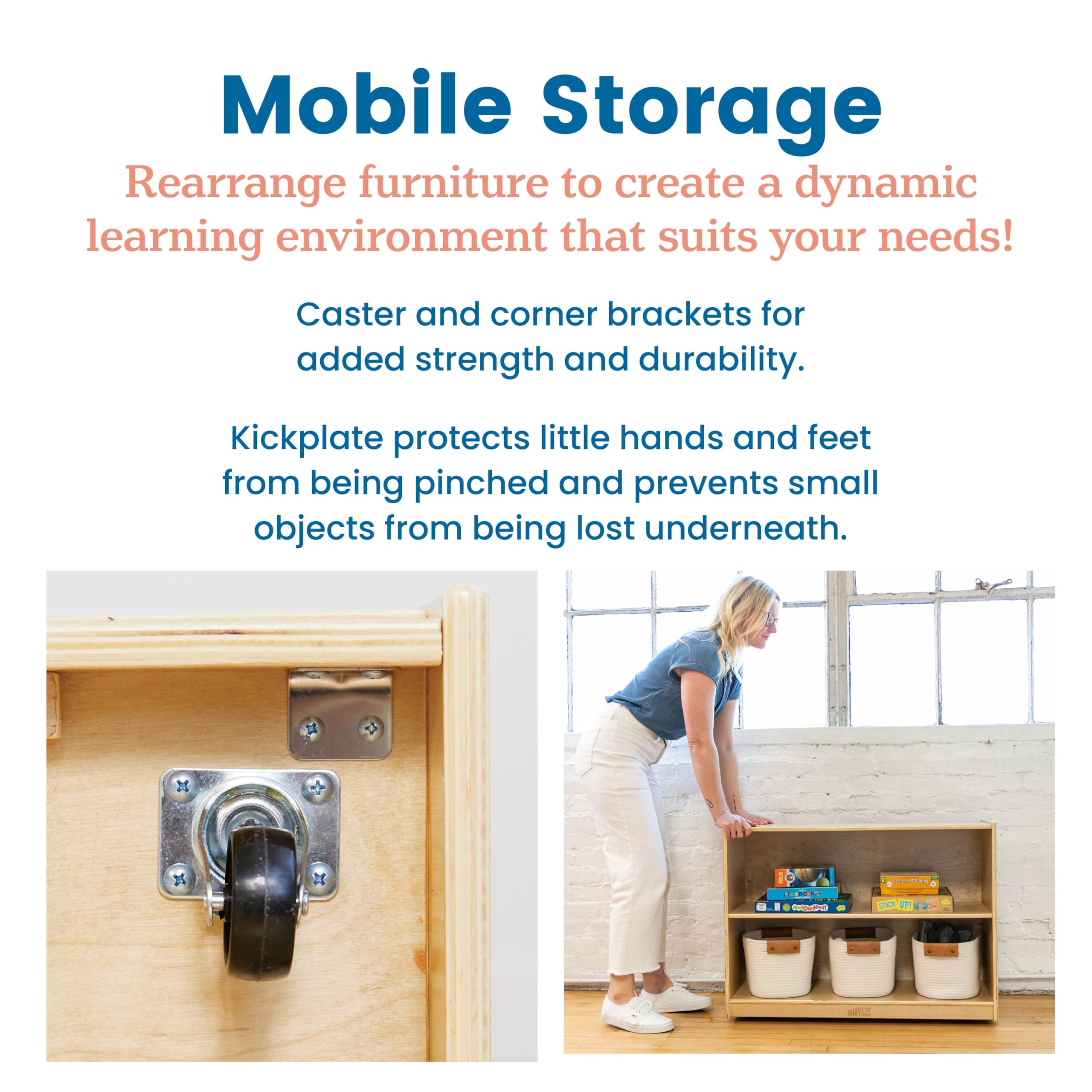 ECR4Kids 2-Shelf Rolling Storage Cabinet - Natural Wood Mobile Organizer for Classroom, Office, or Home - Perfect for Books, Toys, and School Supplies Storage