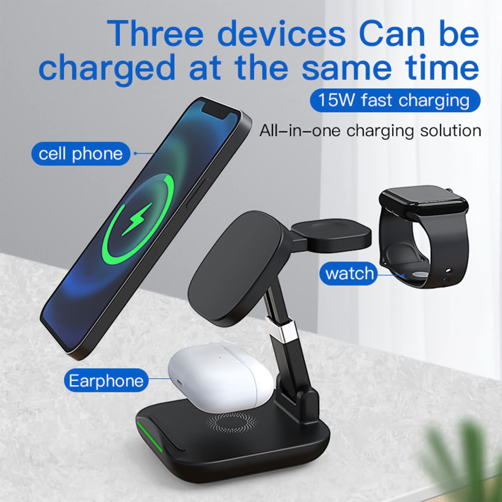 3-in-1 Foldable Magnetic Wireless Charging Station - 15W Fast Charger for iPhone, Apple Watch, AirPods | Portable Charging Stand for Phones, Smartwatches & Wireless Earbuds | Perfect for Home, Office & Travel Use