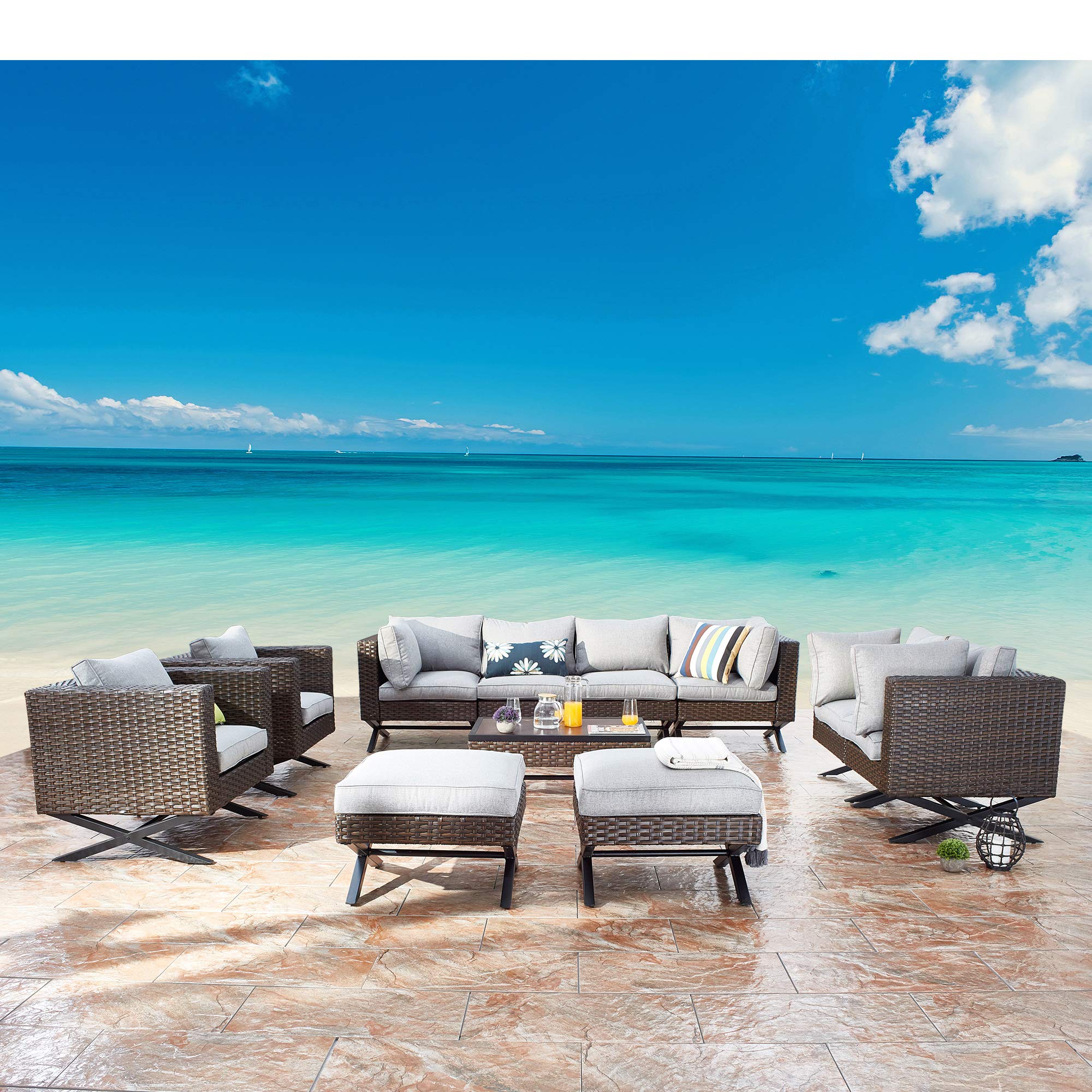 11-Piece Outdoor Patio Furniture Set - All-Weather Brown Rattan Sectional Sofa with Grey Cushions & X-Shaped Metal Legs - Perfect for Garden, Backyard, Poolside & Balcony Relaxation