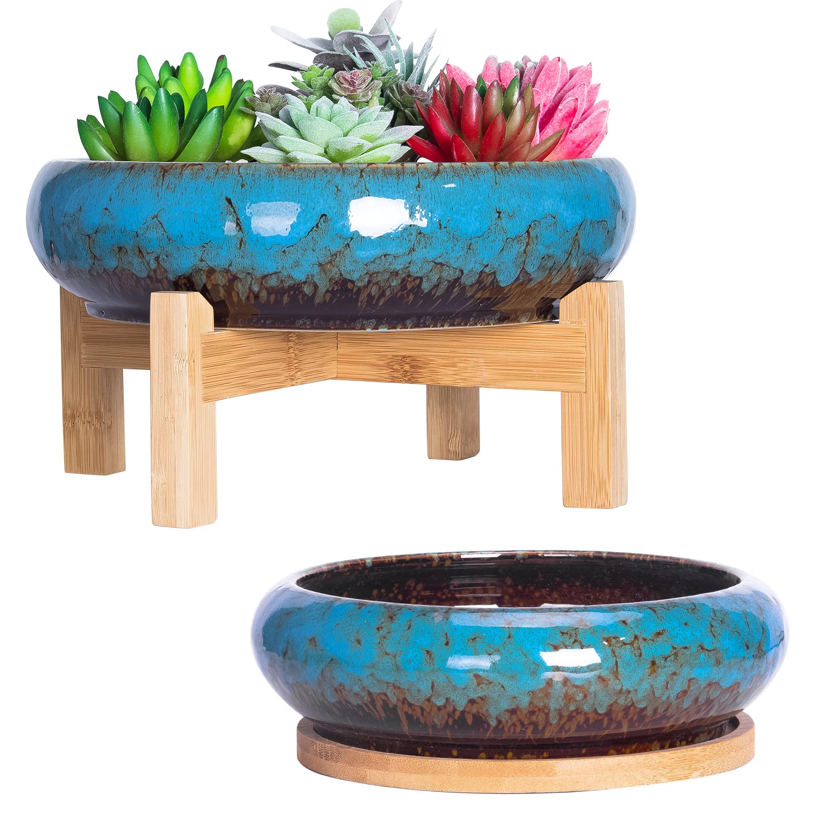 ARTKETTY 7.3-10 Inch Ceramic Succulent Pots Set of 2 - Large Glazed Bonsai Planters with Drainage Tray for Indoor Cactus, Flowers & Plants | Perfect for Home Decor, Office Desk & Garden Display