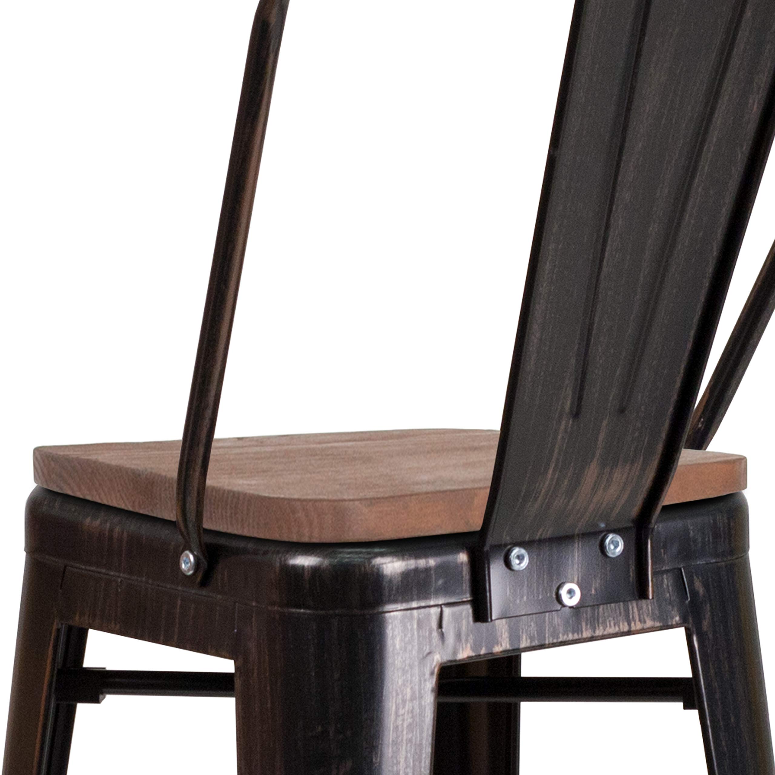 EMMA + OLIVER 30 Inch Black and Antique Gold Metal Bar Stool with Backrest and Wooden Seat - Perfect for Kitchen Islands, Home Bars, and Dining Counter Height Tables