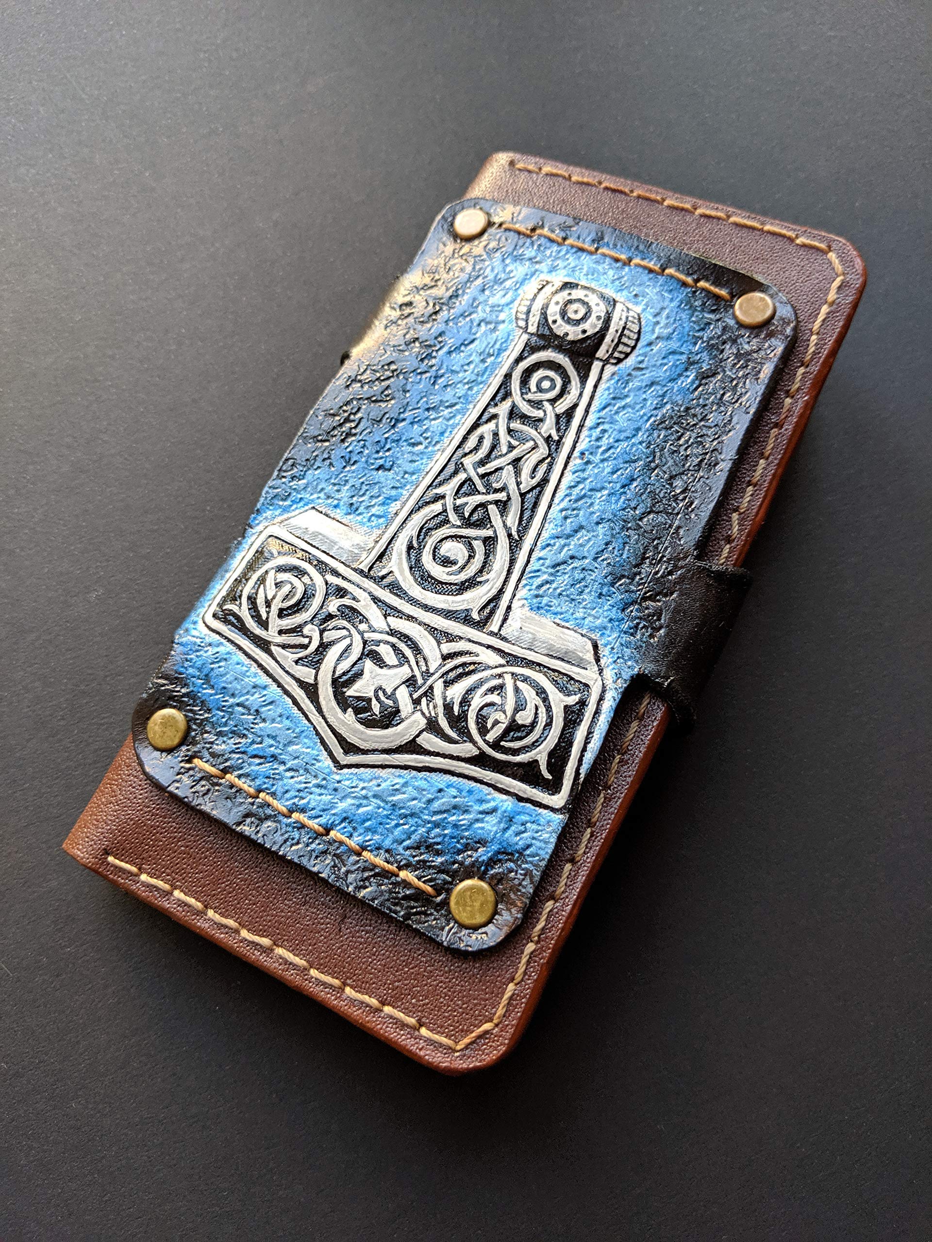 Genuine Leather Wallet Case for Apple iPhone XS/XS MAX/XR/8/8 Plus/7 Plus/6S/6 Plus/SE - 3D Carved Thor Hammer Design with Card Slots & Viewing Stand | Viking & Celtic Style | Perfect for Daily Use, Travel and Gift Giving