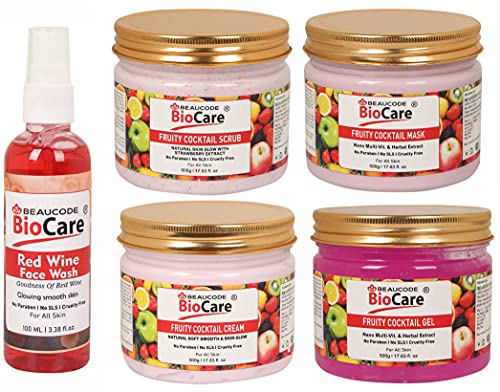 Beaucode Biocare Skin Glow Fruit Cocktail Face & Body Cream Set - 500g with Red Wine Face Wash 100ml | Paraben, Sulfate & Cruelty Free | 5-Piece Facial Kit for Hydration & Brightening | Perfect for Spa Day & Skincare Routine