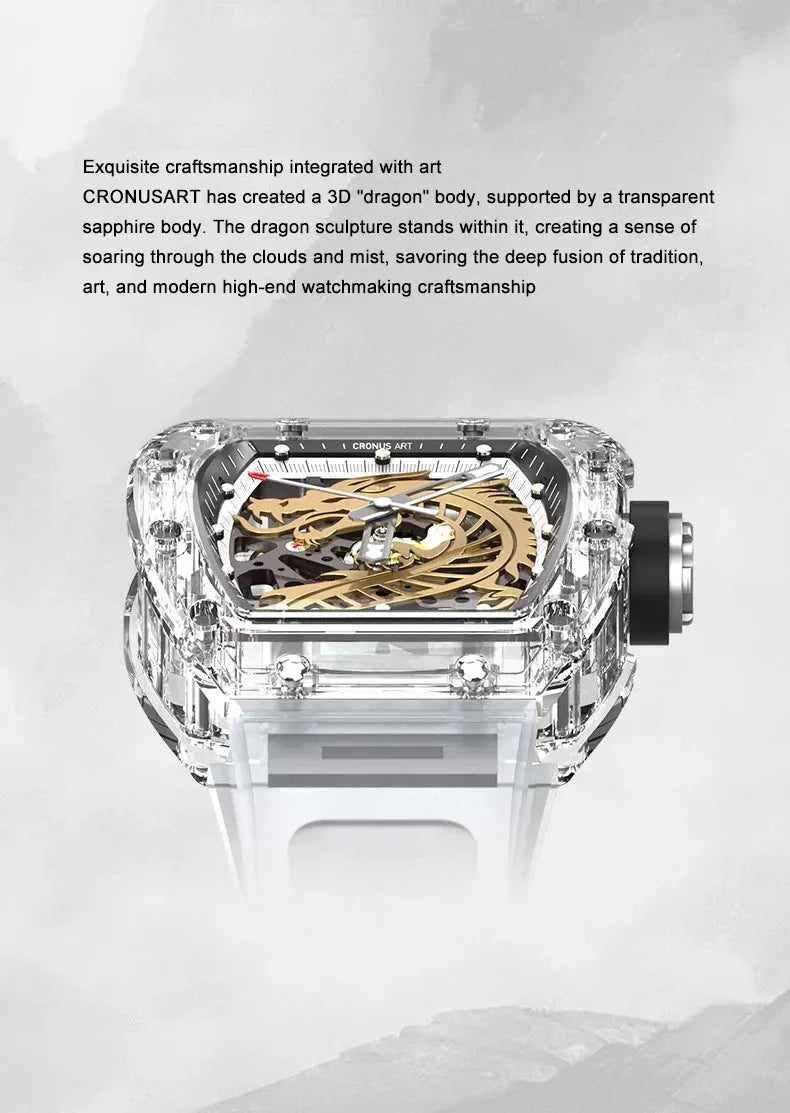 CRONUSART Men's Automatic Mechanical Watch - Tonneau Sapphire Crystal Case, Luminous Hands, Skeleton Dragon Dial, Liquid Silicone Strap - Perfect for Business, Casual & Formal Occasions
