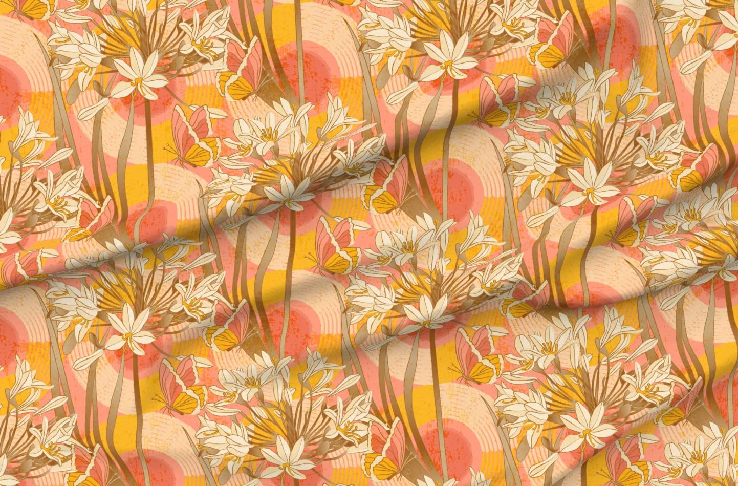 Morning Pink Flower Yellow Sunset Butterfly Printed Minky Fabric Fat Quarter - Soft Plush for Sewing Baby Blankets, Quilt Backing & Home Decor | DIY Nursery Projects & Cozy Throw Blankets