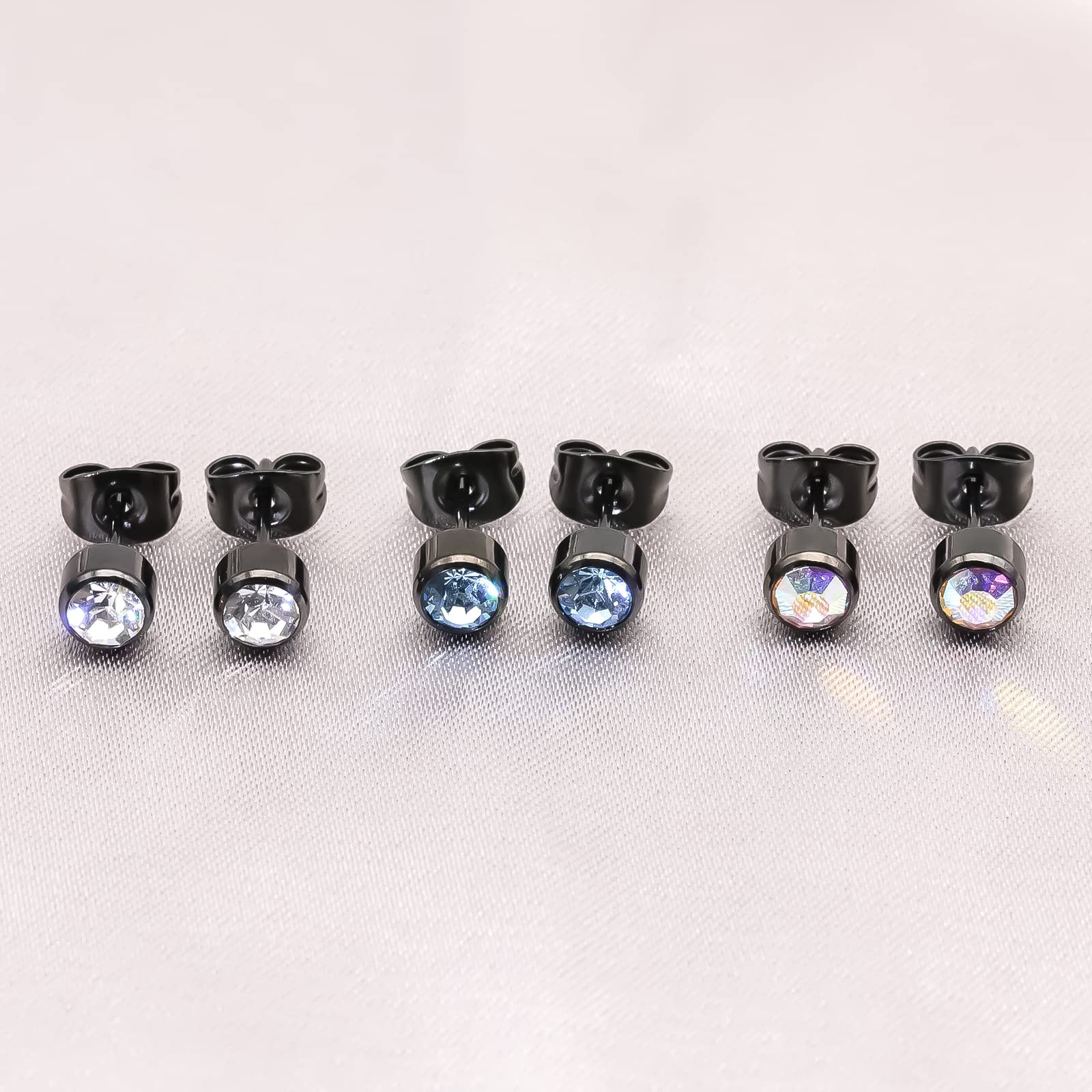 3 Pairs Women's Hypoallergenic Titanium Stud Earrings - 4mm/5mm Crystal Jewelry Set in Silver, Black, Rose Gold & Gold Plated | Perfect Gift for Girls, Women & Men | Everyday Wear, Parties & Special Occasions