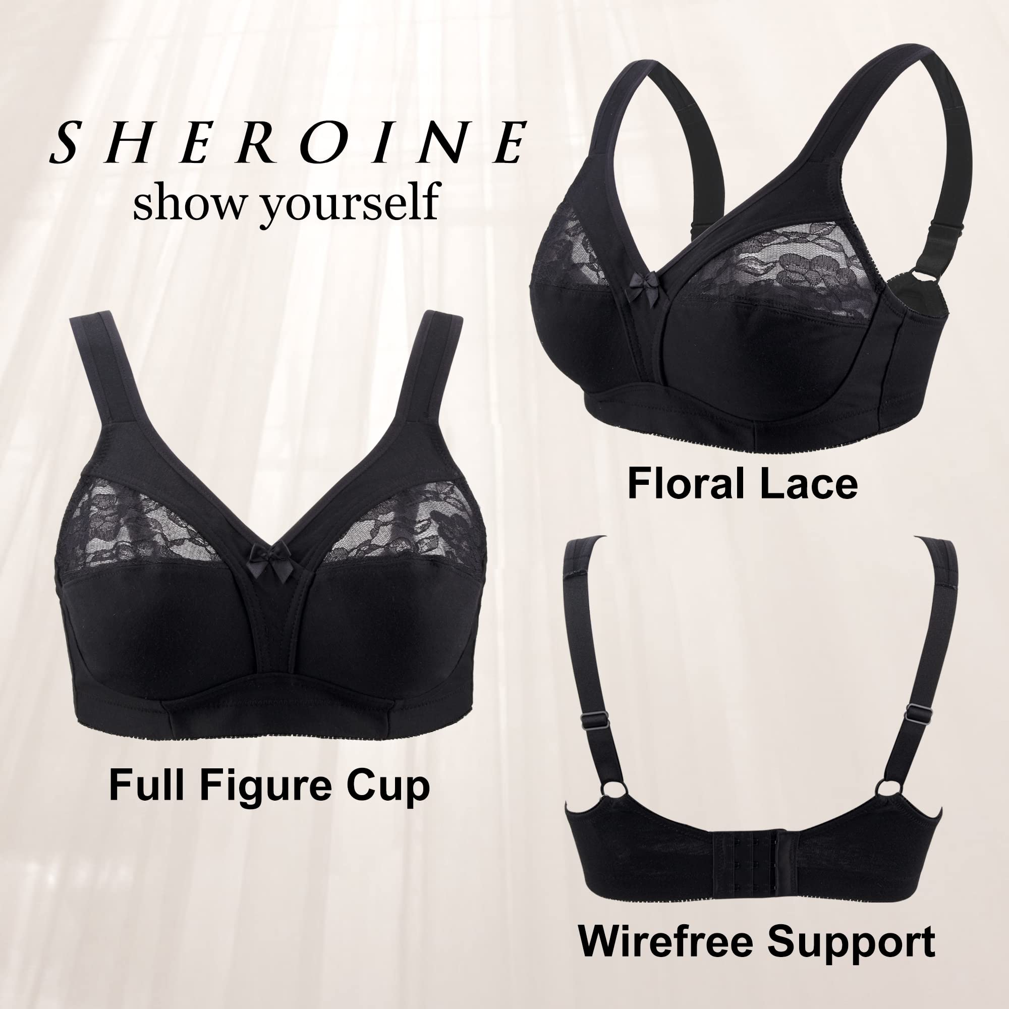 sheroine Women's Plus Size Cotton Lace Wirefree Bra - Ultra Thin Soft Unpadded Full Figure Support Bras for Everyday Comfort | Perfect for Work, Yoga & Relaxation