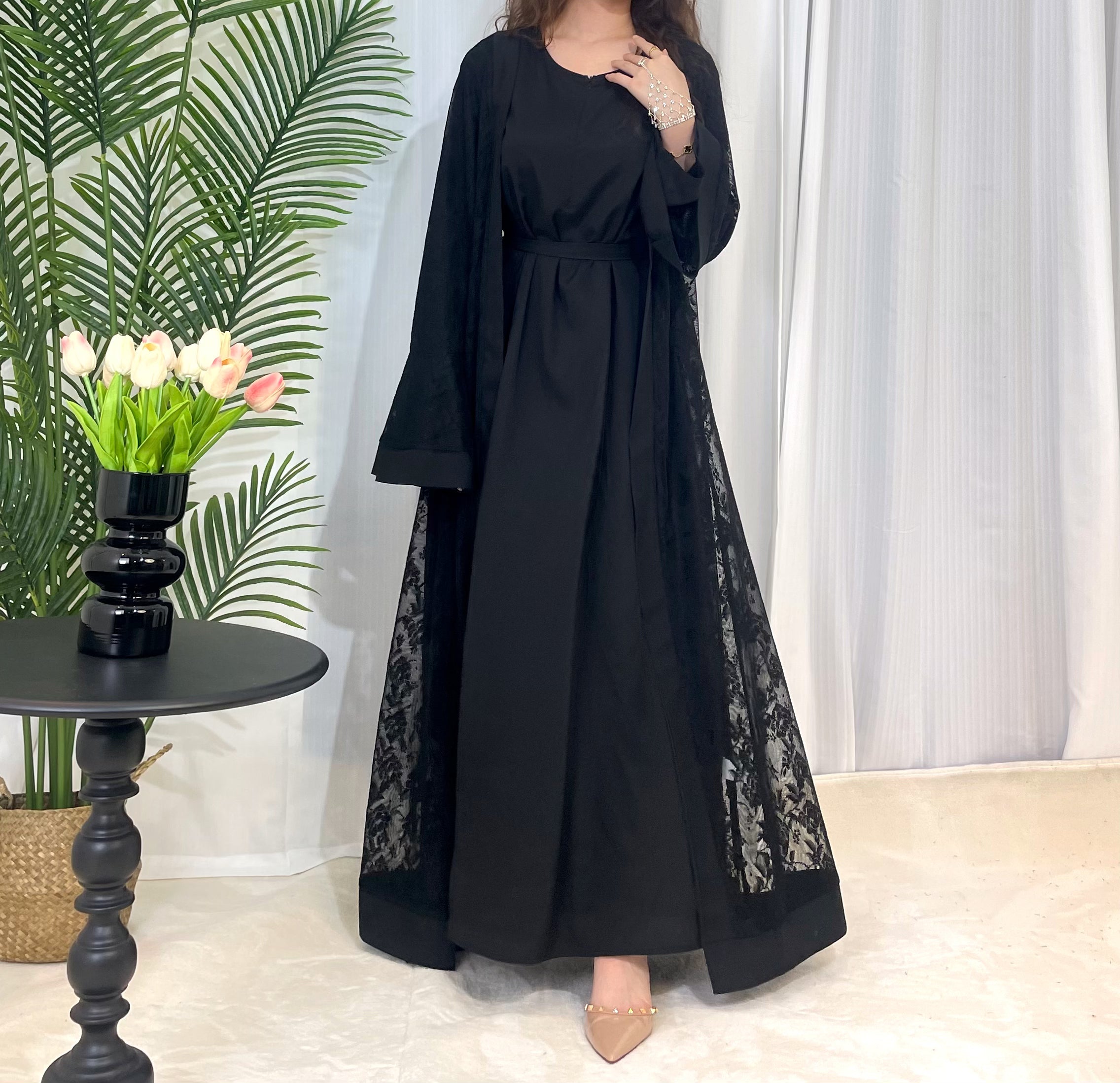 CL59 Elegant Lace Two-Piece Abaya Set - Modest Muslim Dress with Inner Gown & Cardigan for Women | Perfect for Eid, Ramadan & Special Occasions