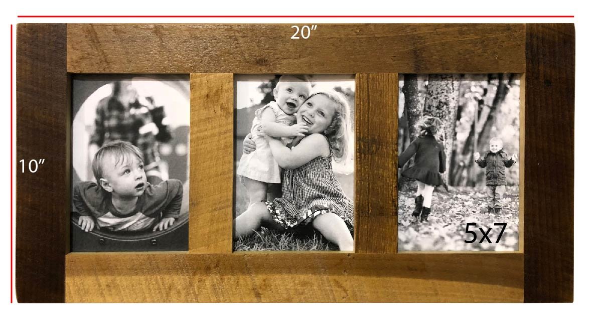Rustic Reclaimed Barnwood Photo Frame - Multi Opening Wall Collage for 5x7 Pictures - Floating Display with 3 Openings - Perfect for Living Room, Bedroom & Office Decor