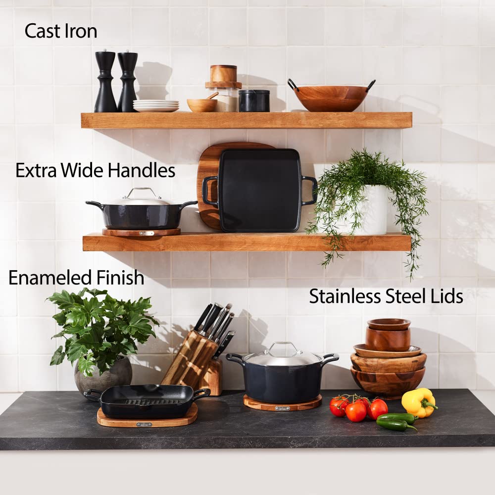 All-Clad 11 Inch Enameled Cast Iron Square Grill Pan with Acacia Wood Trivet - Induction, Oven & Broiler Safe Up to 650°F - Premium Black Cookware for Grilling, Searing & Roasting - Perfect for Steaks, Burgers & Vegetables