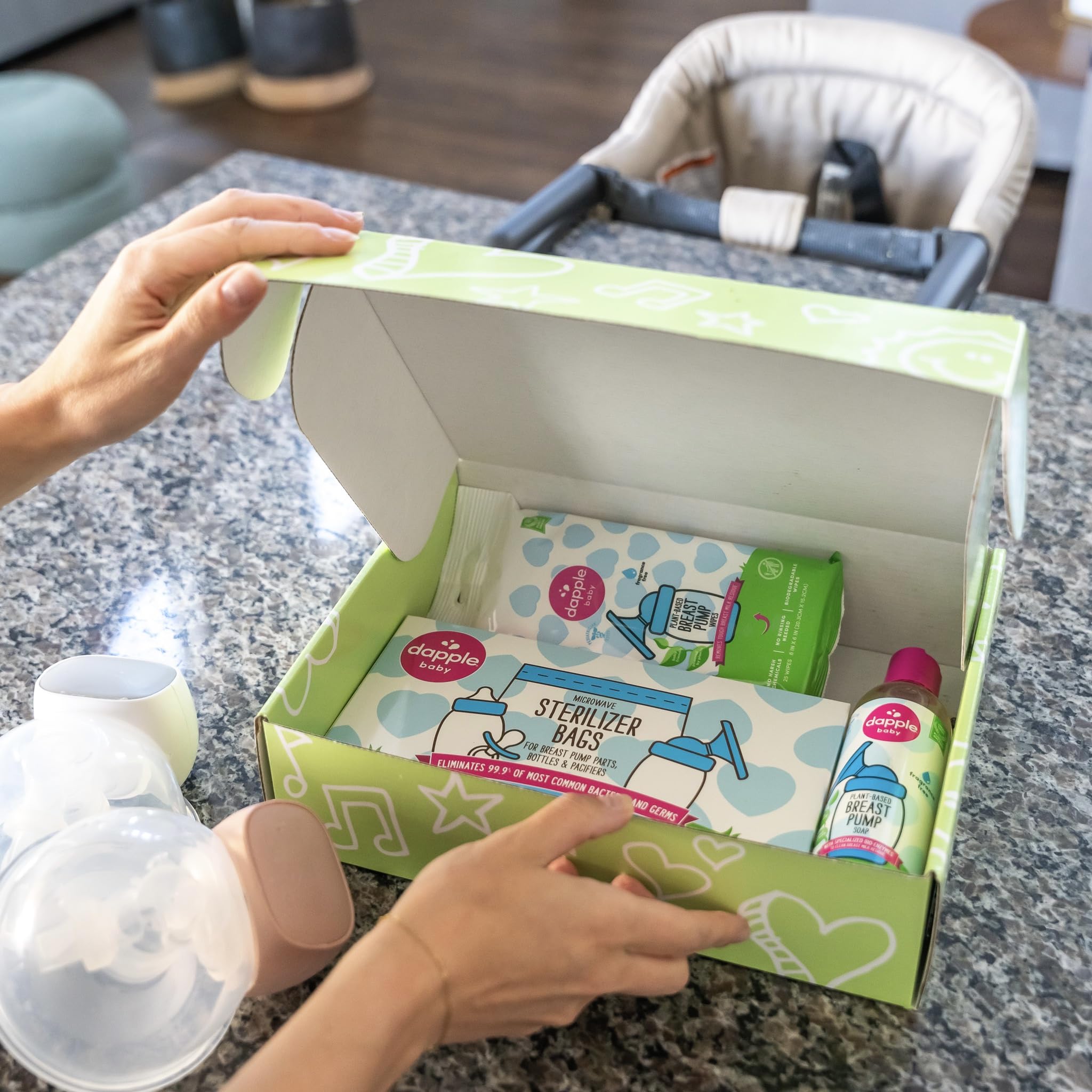 Dapple Breast Pump Cleaning Kit - Hypoallergenic, Plant-Based Wipes & Soap for Milk Residue Removal - 25 Cleaning Wipes, 8oz Soap & 8 Sterilizer Bags - Safe for Nursing Moms & Babies - Perfect for On-the-Go Pumping at Work or Travel