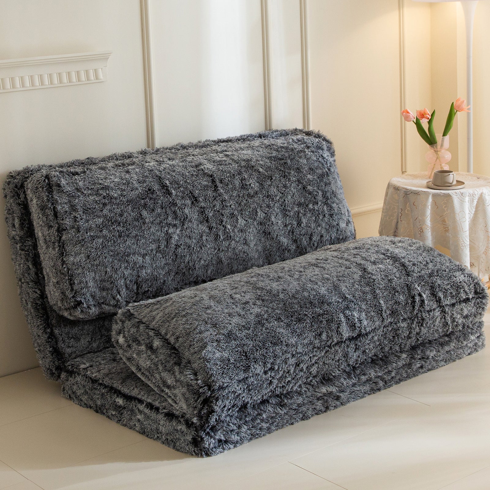 MAXYOYO Faux Fur Bean Bag Chair - Foldable Floor Sofa Bed with Foam Filling, Wall Couch Sleeper for Living Room, Bedroom & Dorm - Black (Perfect for Lounging, Gaming & Small Space Living)