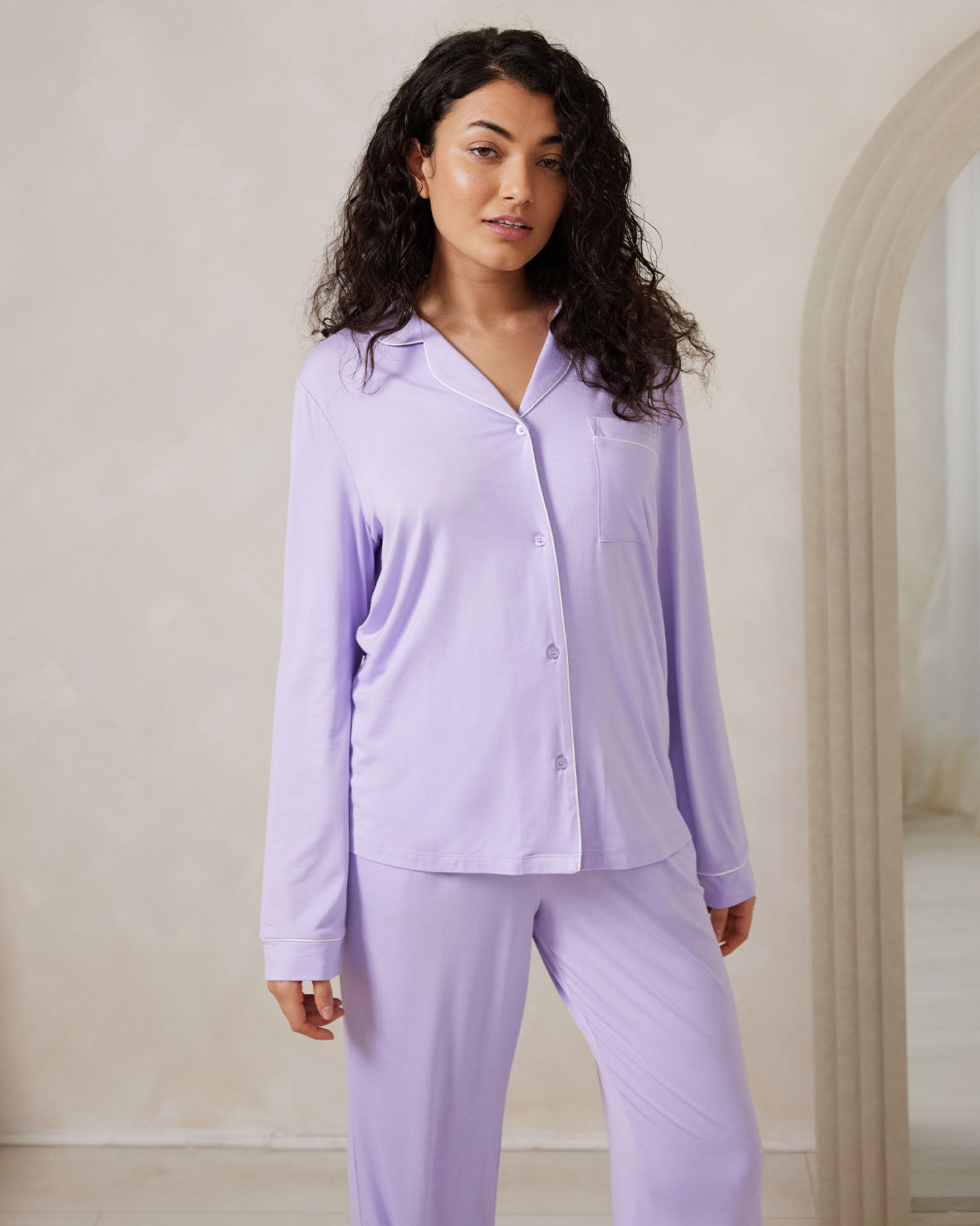 Premium TENCEL™ Modal Long Sleeve Button Up Pajama Set - Soft & Breathable Sleepwear for Women - Lilac Color - Perfect for Cozy Nights & Relaxing at Home