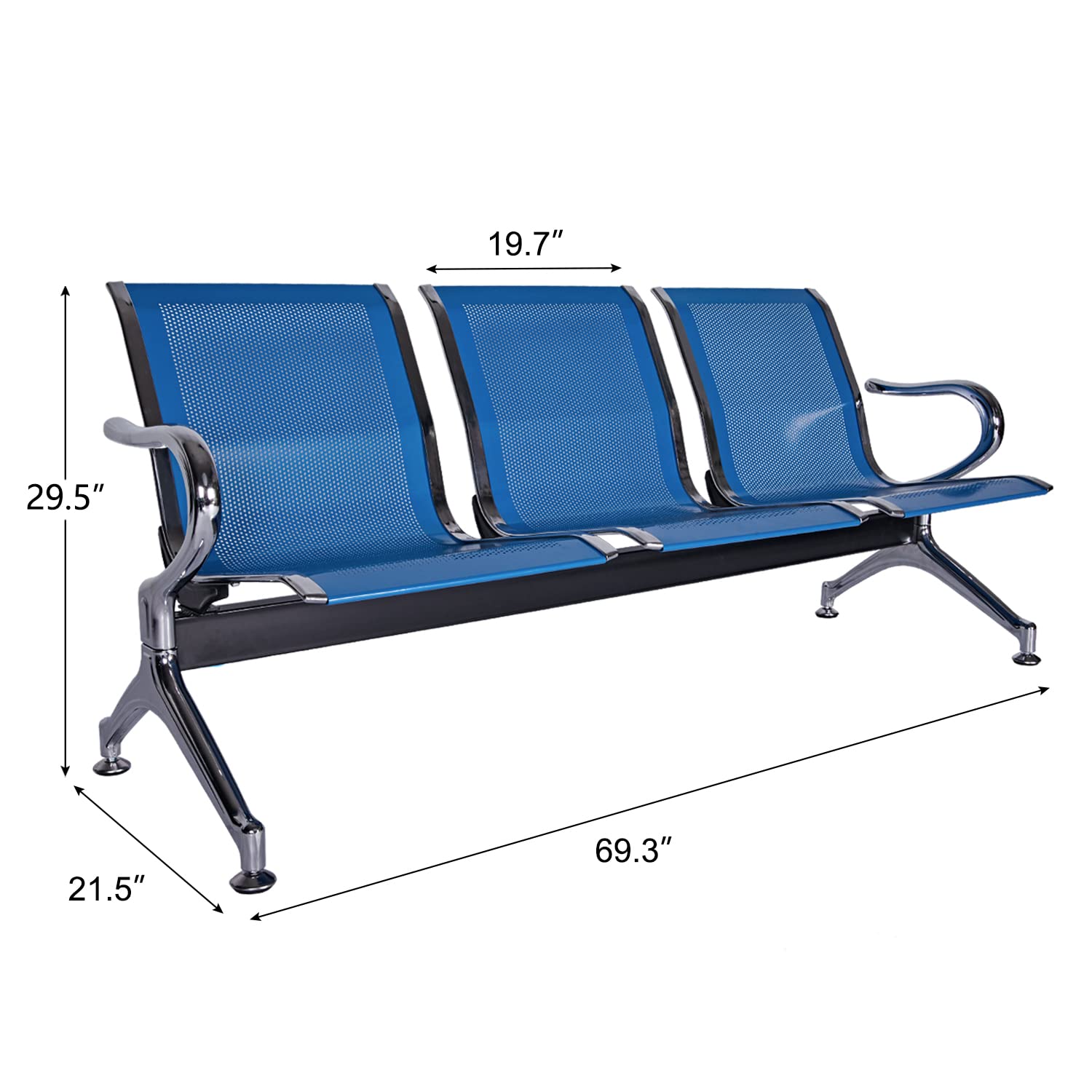 3-Seat Waiting Room Chairs with Arms - Durable Reception Bench for Airport, Hospital, Bank & School Lobby - Comfortable Guest Seating Solution for High-Traffic Areas - Blue